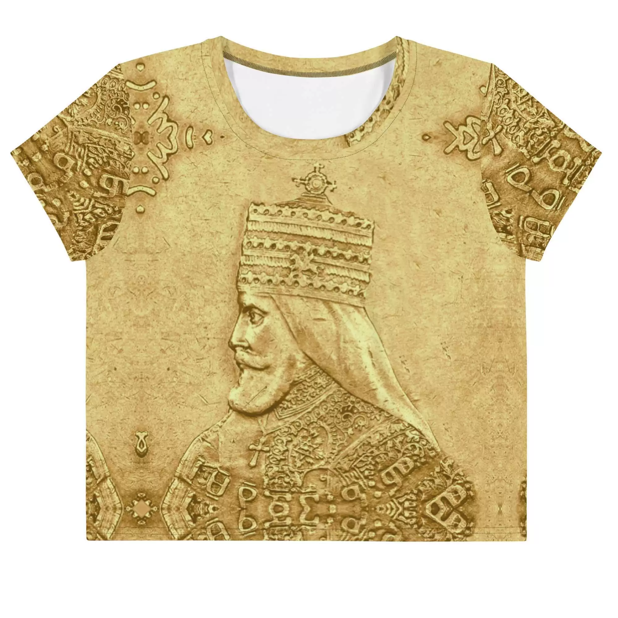 Haile Selassie Ancient Amharic Crop Tee front flat view in gold hues. King of Kings design, an original from Rastaseed online clothing store and Rasta gear.