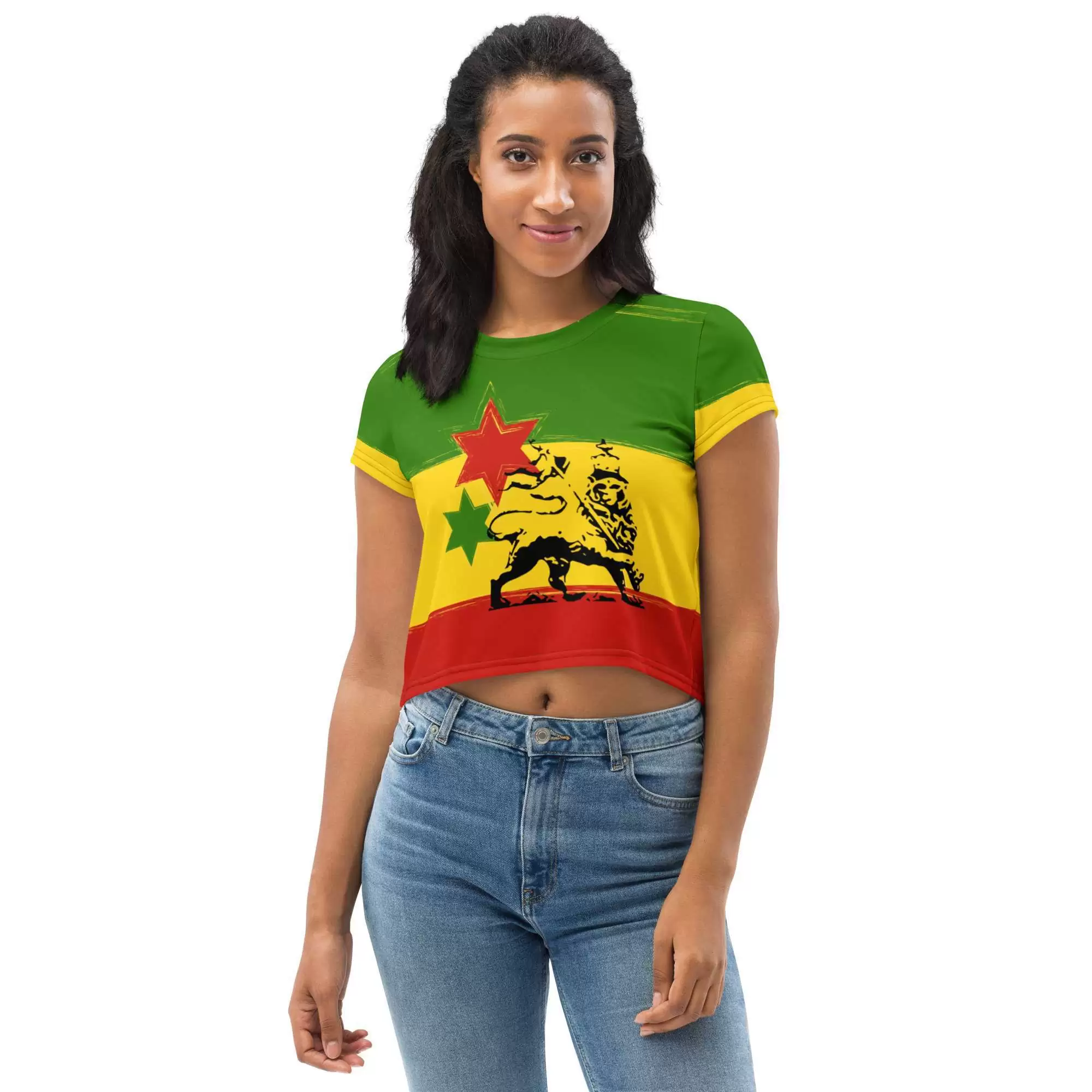 Rasta Crop Tee in red gold and green front view with stars and Lion of Judah. Original Rastafarian design from Rastaseed online Rasta clothing shop.