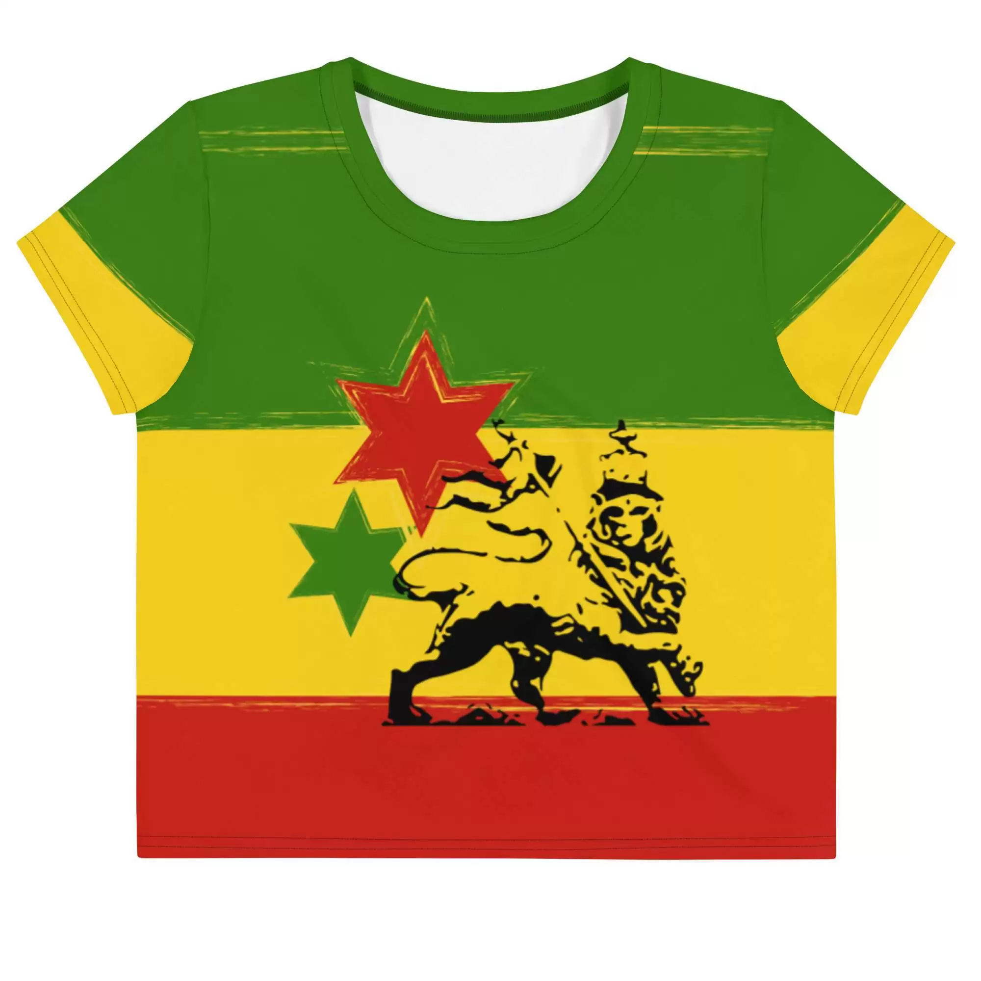 Rasta Crop Tee in red gold and green front flat view with stars and Lion of Judah. Original Rastafarian design from Rastaseed online Rasta clothing shop.