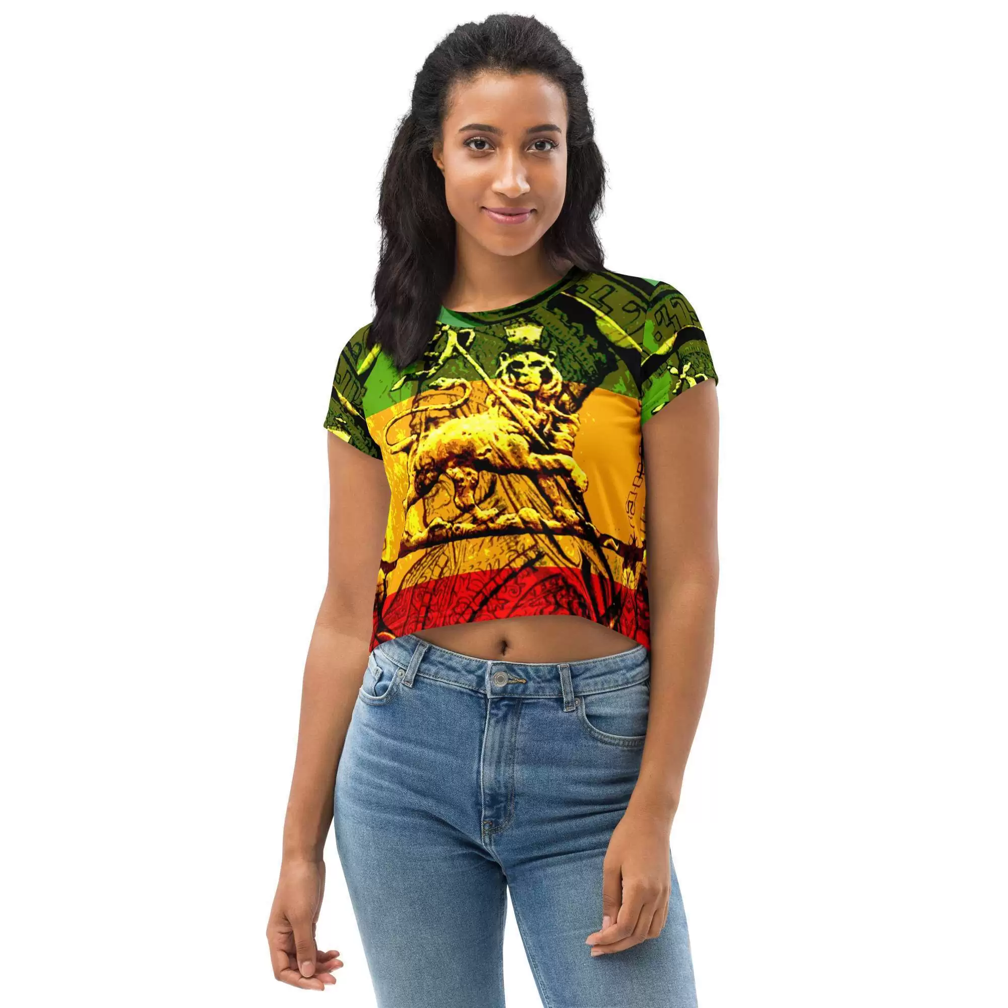 Lion of Judah Crop Tee female model front view in the Rasta colors. Rastafarian, Reggae, jamaican and Haile Selassie merchandise, shoes and clothing.