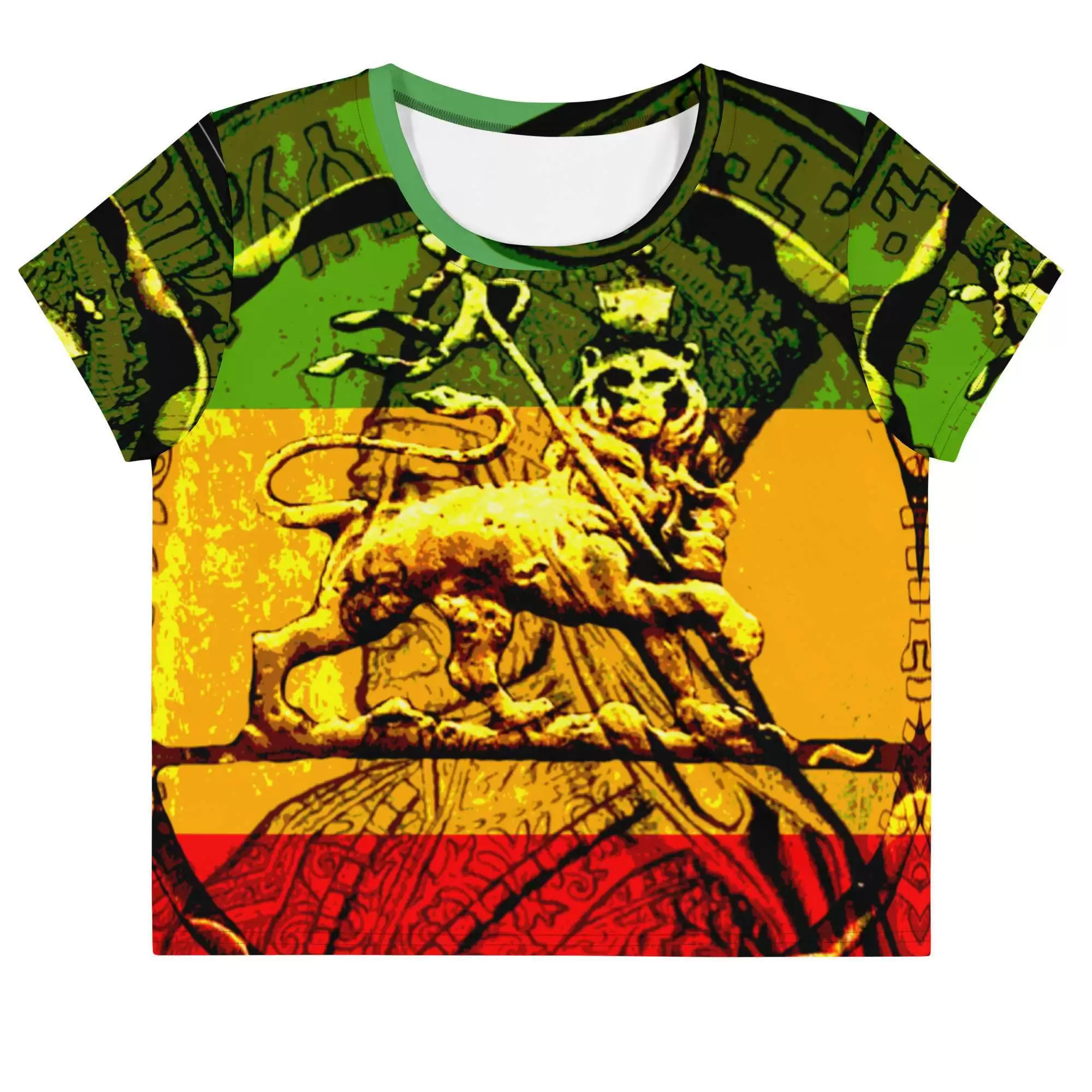 Lion of Judah Crop Tee front view in the Rasta colors. Rastafarian, Reggae, jamaican and Haile Selassie merchandise, shoes and clothing.