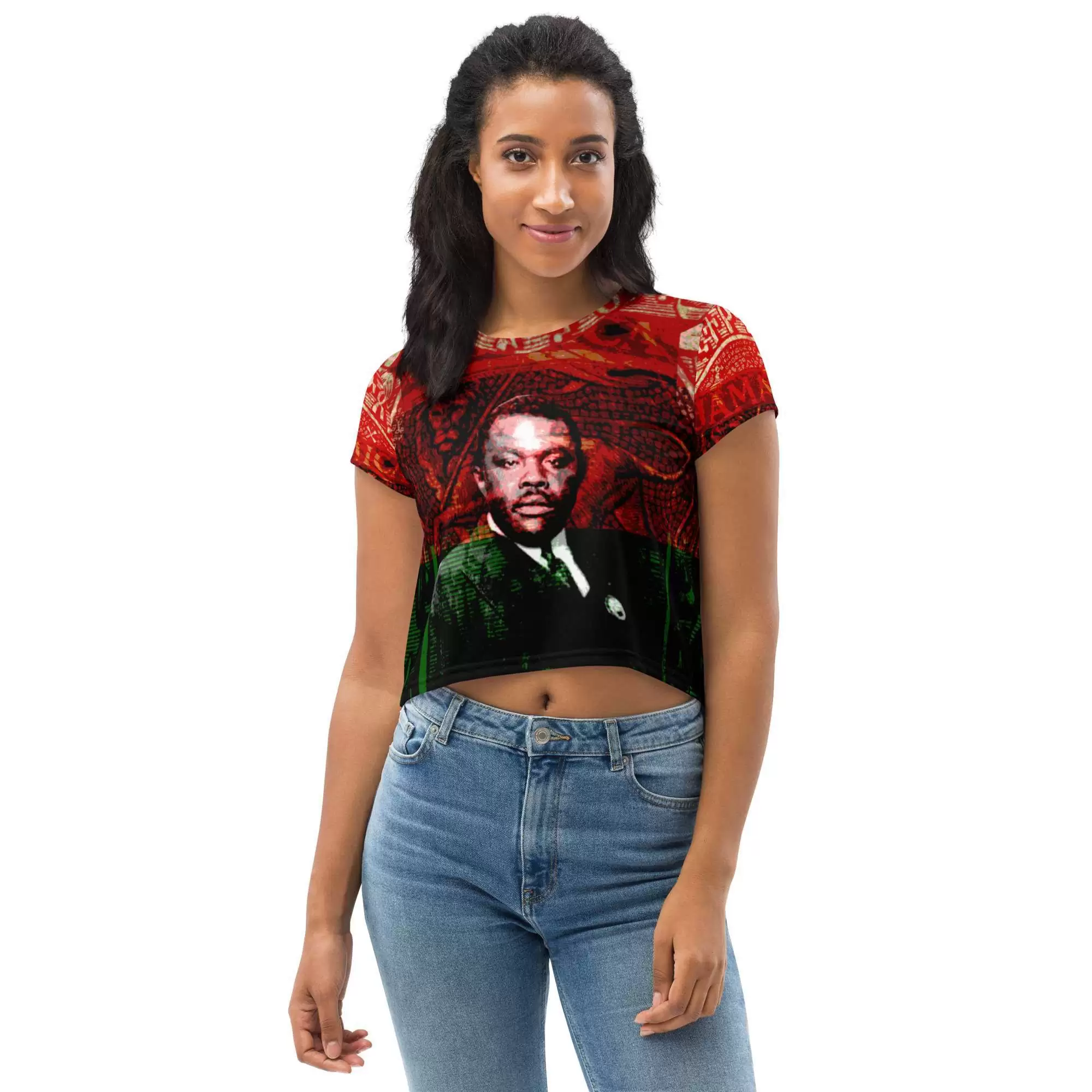 Garvey Revolutionary Crop Tee female model front view. Original Jamaican, Rastafarian and Reggae merchandise clothing, shoes and accessories at Rastaseed.com