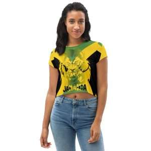 Jamaican Lion Crop Tee female model front view. Fyah Rasta top with jamaican flag design and ferocious lion. Original Rasta merchandise, clothing and shoes.