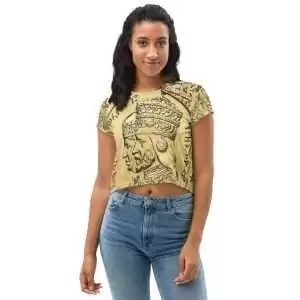 Haile Selassie Empress Menen Crop Tee female model front view. Stylish tee with authentic design at Rastaseed.com Reggae and Jamaican merchandise and clothing.