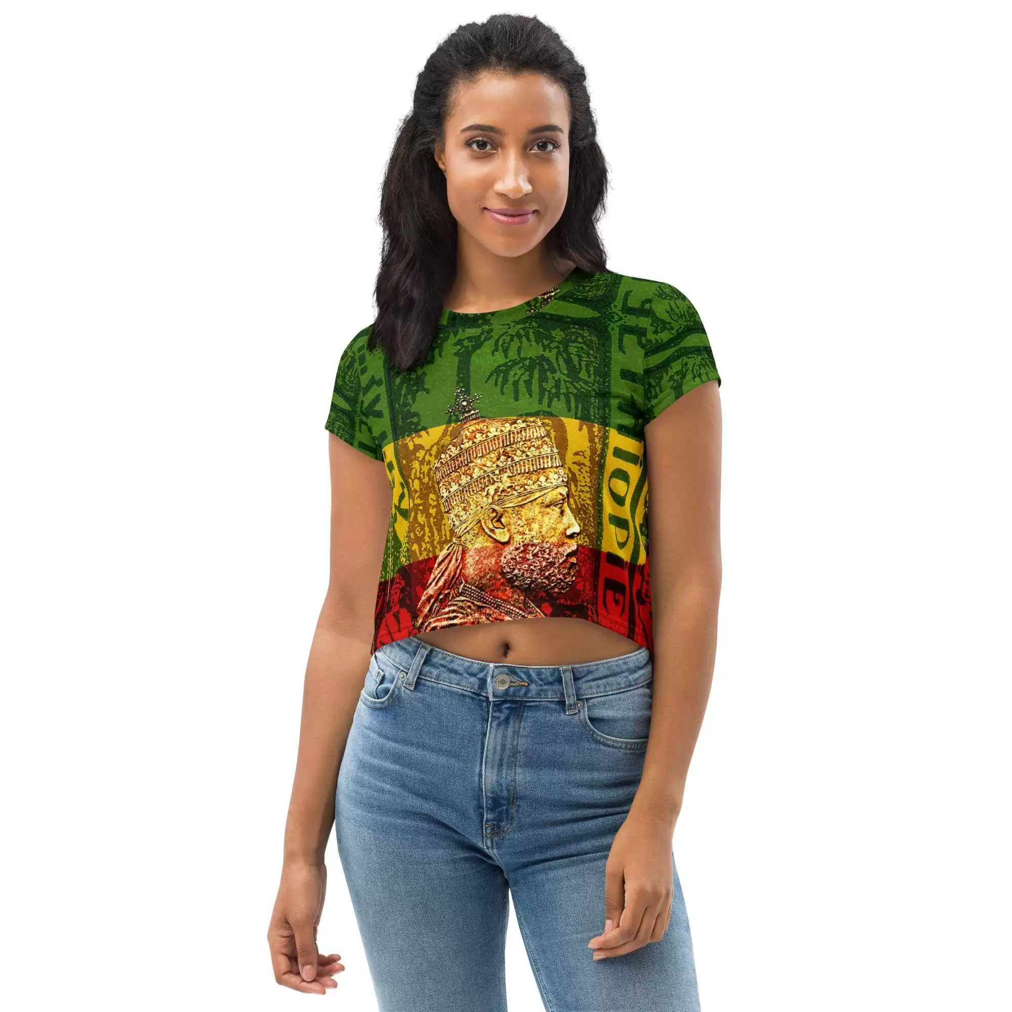Menelik Crop Tee female model front view in Rasta colors and design. Rastafarian Jamaican and Reggae merchandise and clothing shoes and accessories.