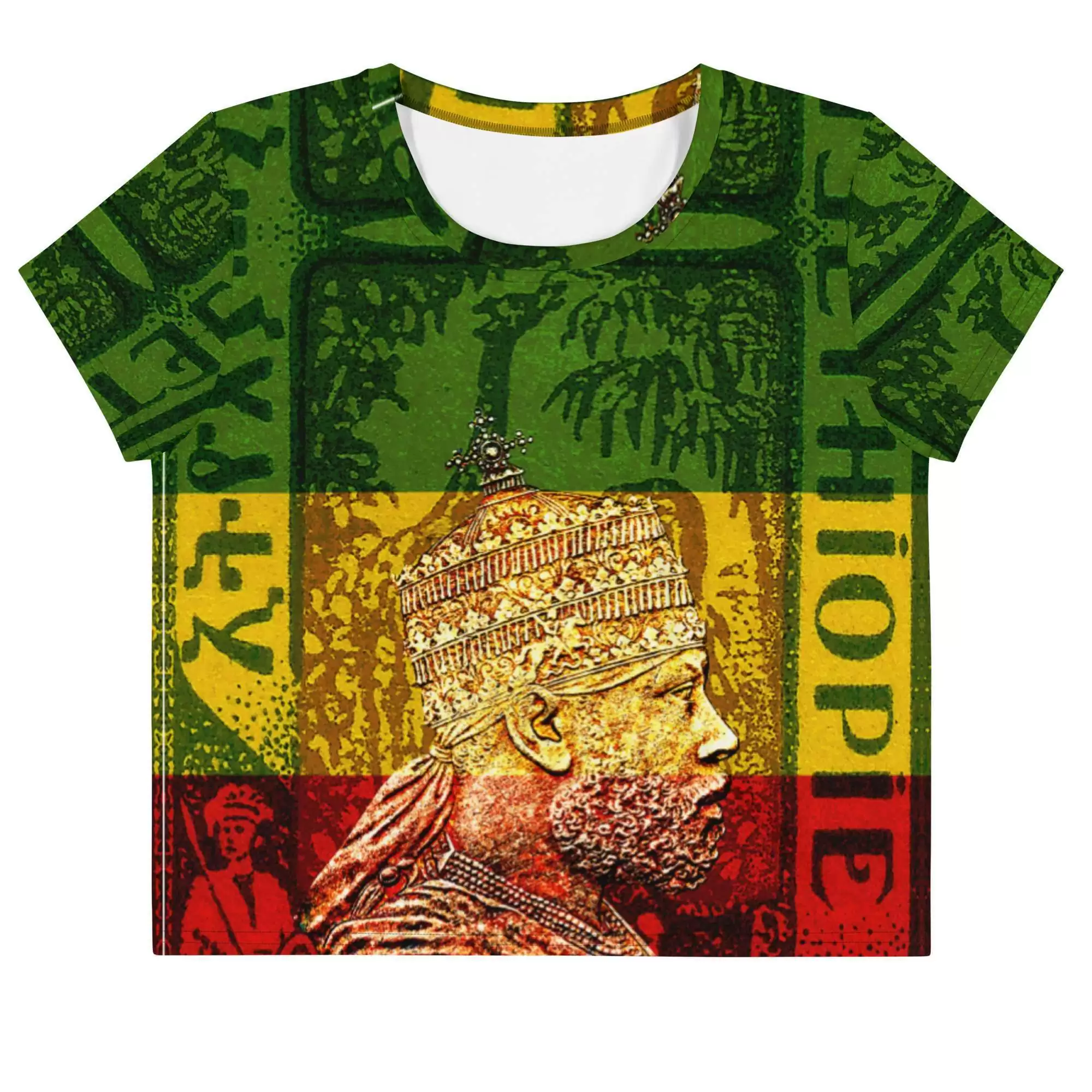 Menelik Crop Tee front view in Rasta colors and design. Rastafarian Jamaican and Reggae merchandise and clothing shoes and accessories.