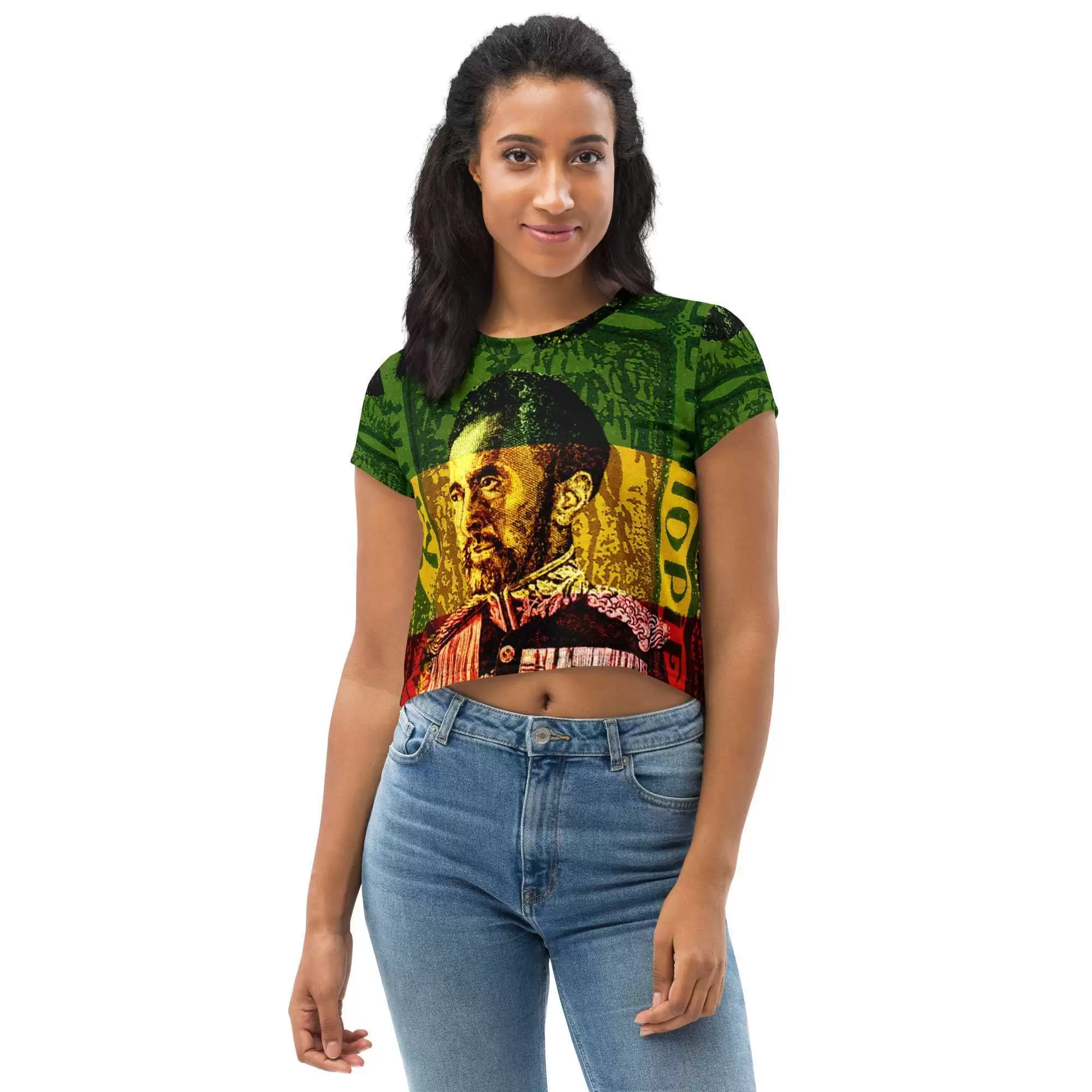 Emperor Selassie Crop Tee front view in Rasta colors. Comfortable four way stretch premium knit mid-weight jersey. Rasta tops, dresses and skirts.