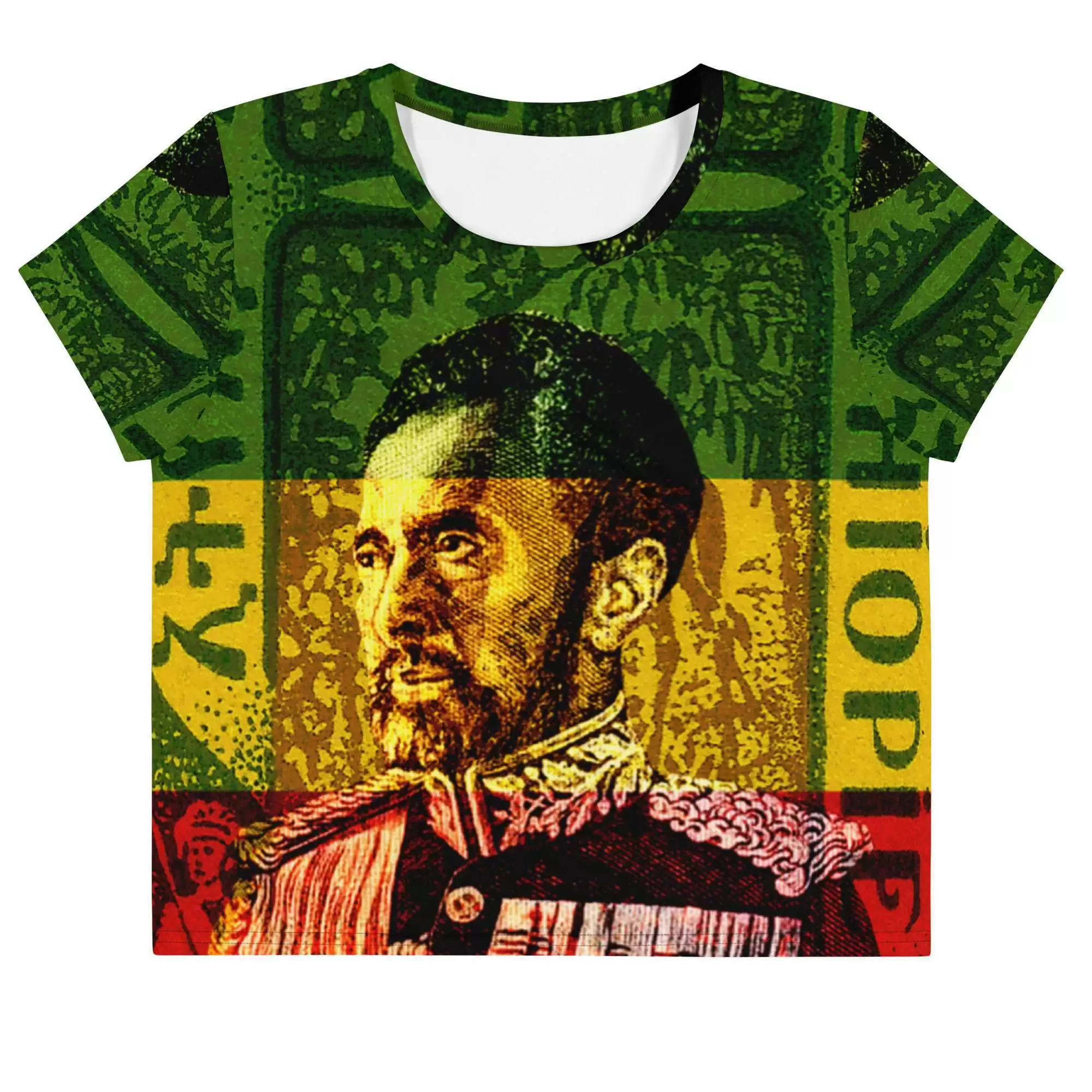 Emperor Selassie Crop Tee front flat view in Rasta colors. Comfortable four way stretch premium knit mid-weight jersey. Rasta tops, dresses and skirts.