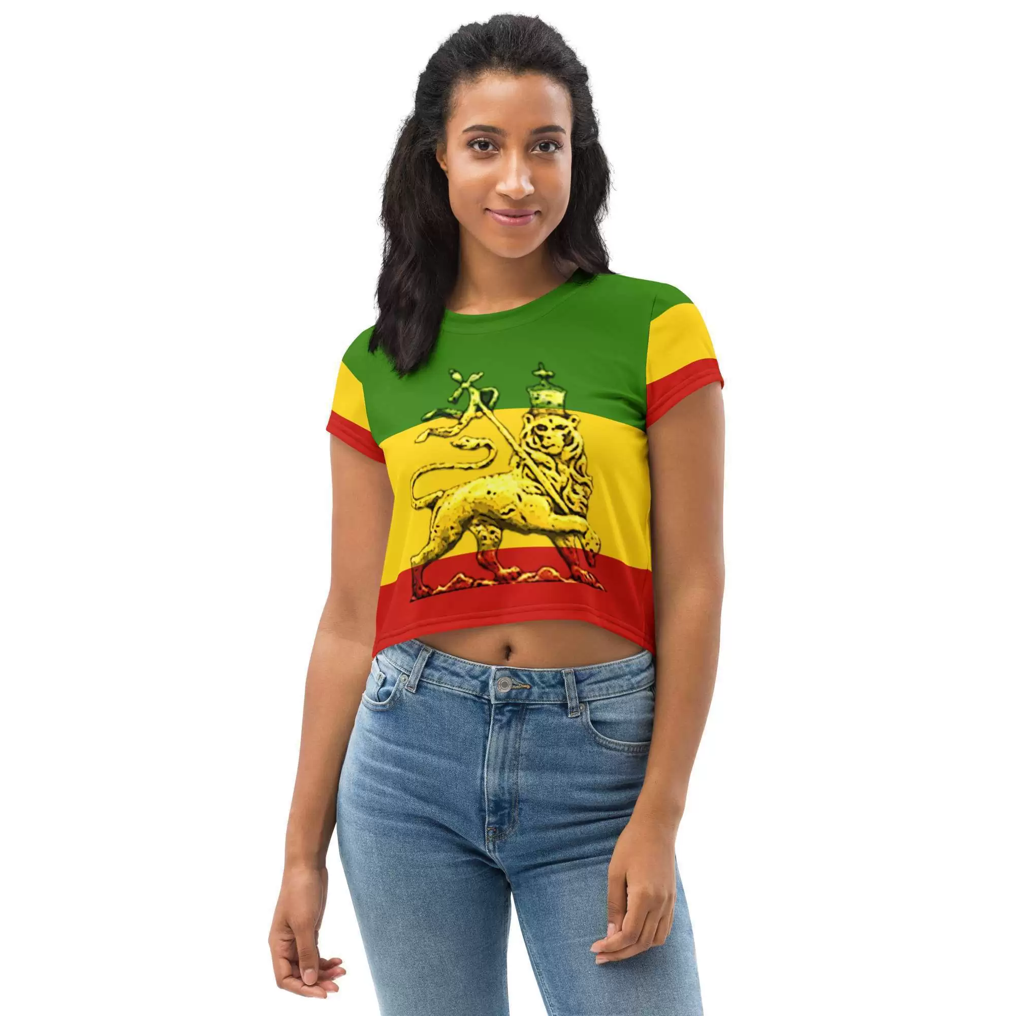 Conquering Lion of Judah Crop Tee front view in the Rasta colors with Lion of Judah. Rastaseed online Reggae and Jamaican clothing and merchandise.