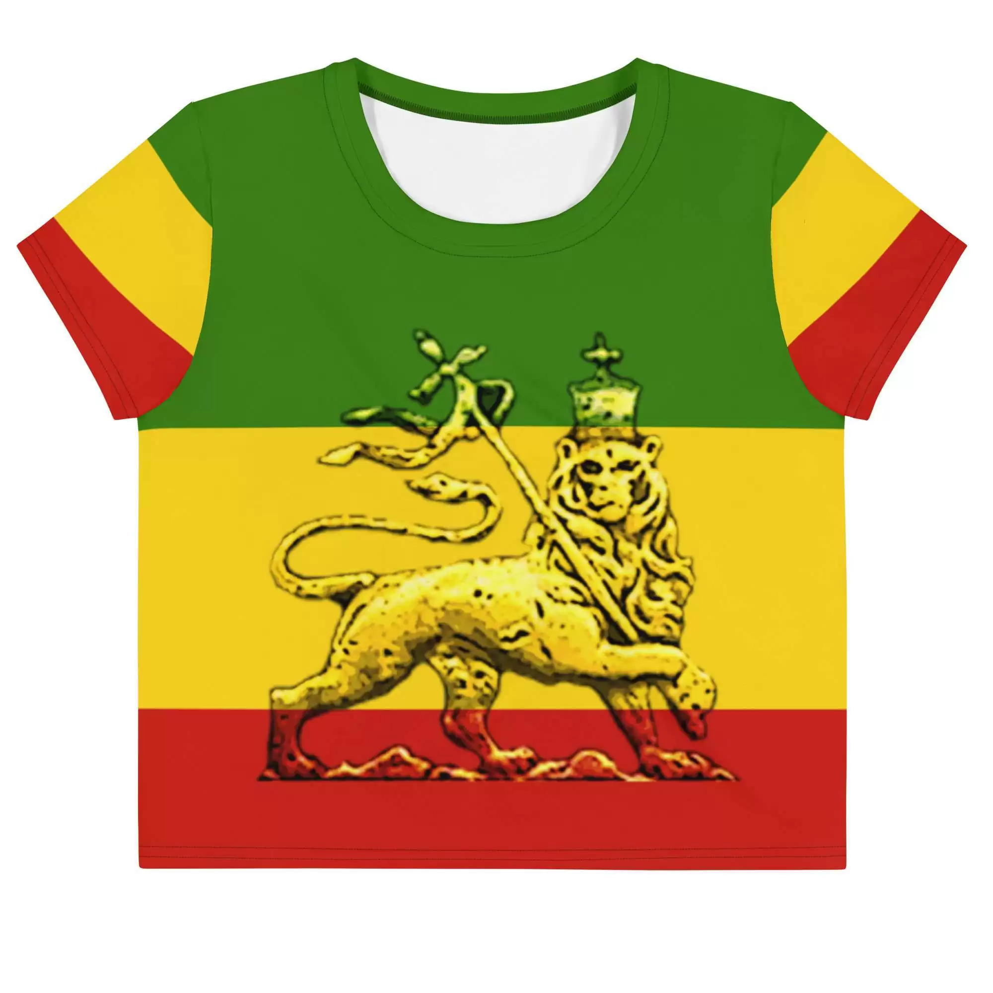 Conquering Lion of Judah Crop Tee front flat view in the Rasta colors with Lion of Judah. Rastaseed online Reggae and Jamaican clothing and merchandise.