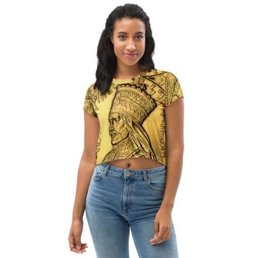 Selassie I Crop Tee in gold color. Rastafarian Haile Selassie Reggae and Jamaican clothing merchandise, shoes and accessories.