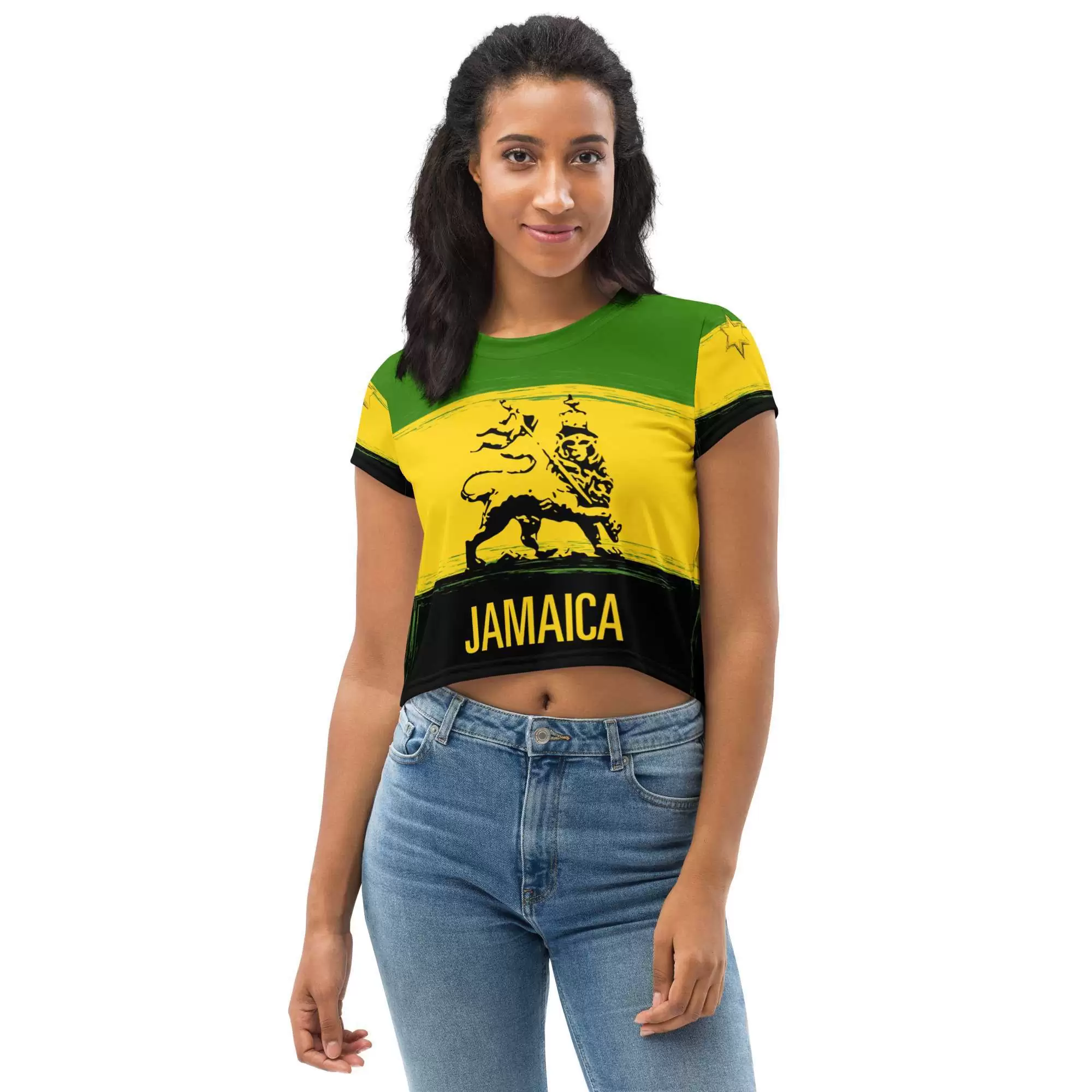 Jamaica Lion Crop Tee in Jamaican colors. Rasta Jamaican and Reggae crop tees, crop tops, dresses, skirts, swimwear and shoes.