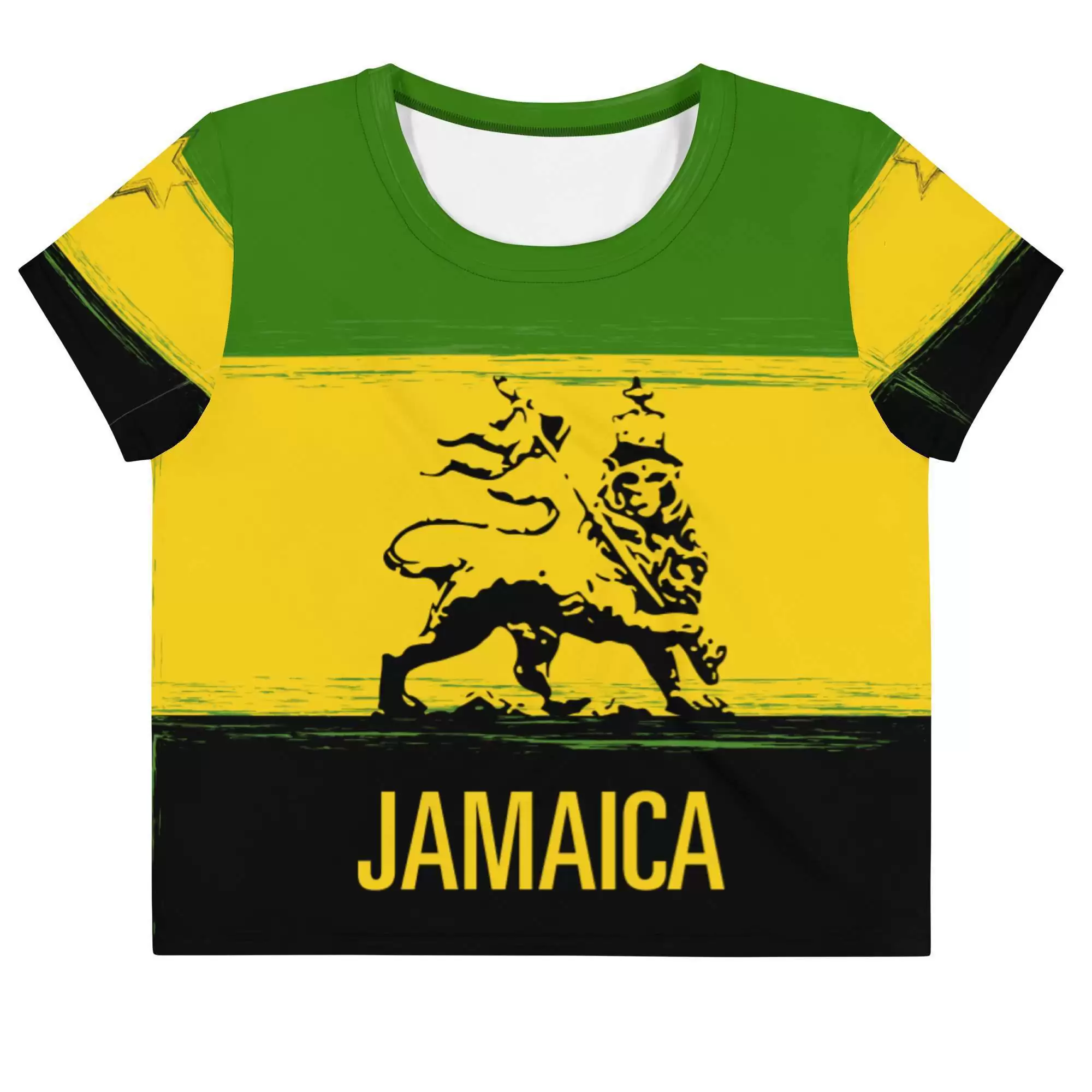 Jamaica Lion Crop Tee front view in Jamaican colors. Rasta Jamaican and Reggae crop tees, crop tops, dresses, skirts, swimwear and shoes.