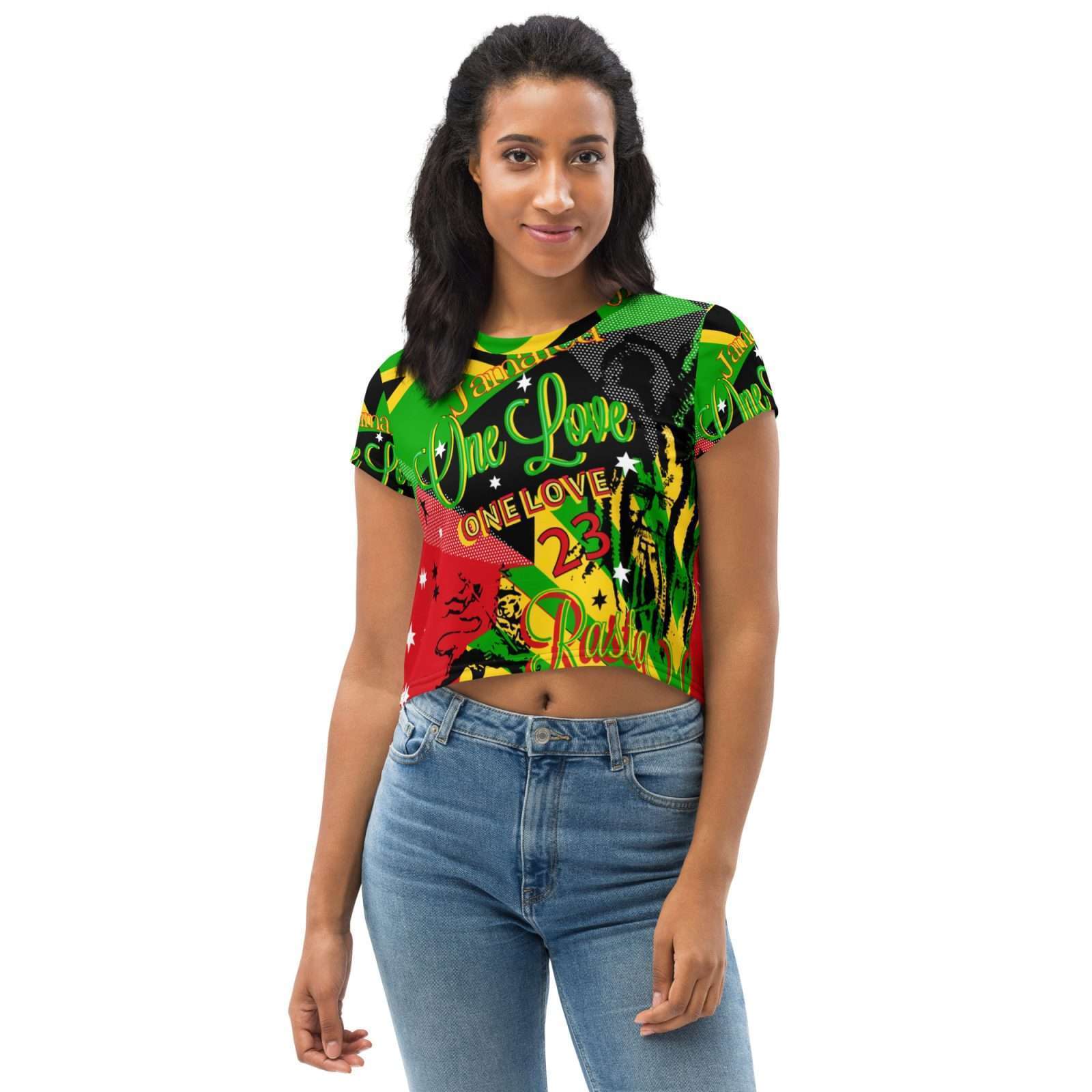 Jamaican Reggae Rasta Party Crop Tee in red, gold, green and black colorful vivid print. Rasta tops, skirts, dresses, shoes and jackets.