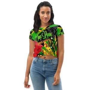 Jamaican Reggae Rasta Party Crop Tee in red, gold, green and black colorful vivid print. Rasta tops, skirts, dresses, shoes and jackets.
