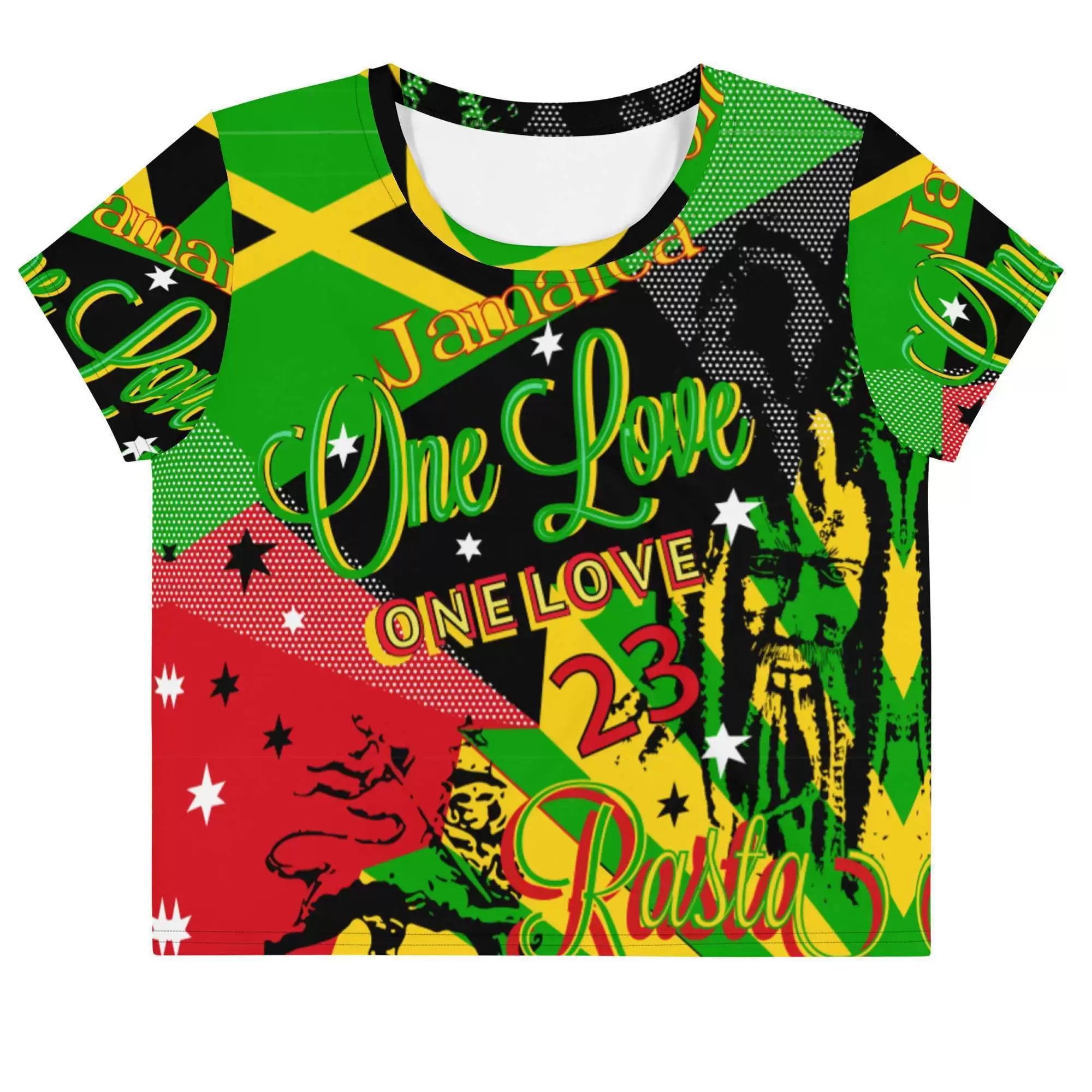Jamaican Reggae Rasta Party Crop Teefront view in red, gold, green and black colorful vivid print. Rasta tops, skirts, dresses, shoes and jackets.