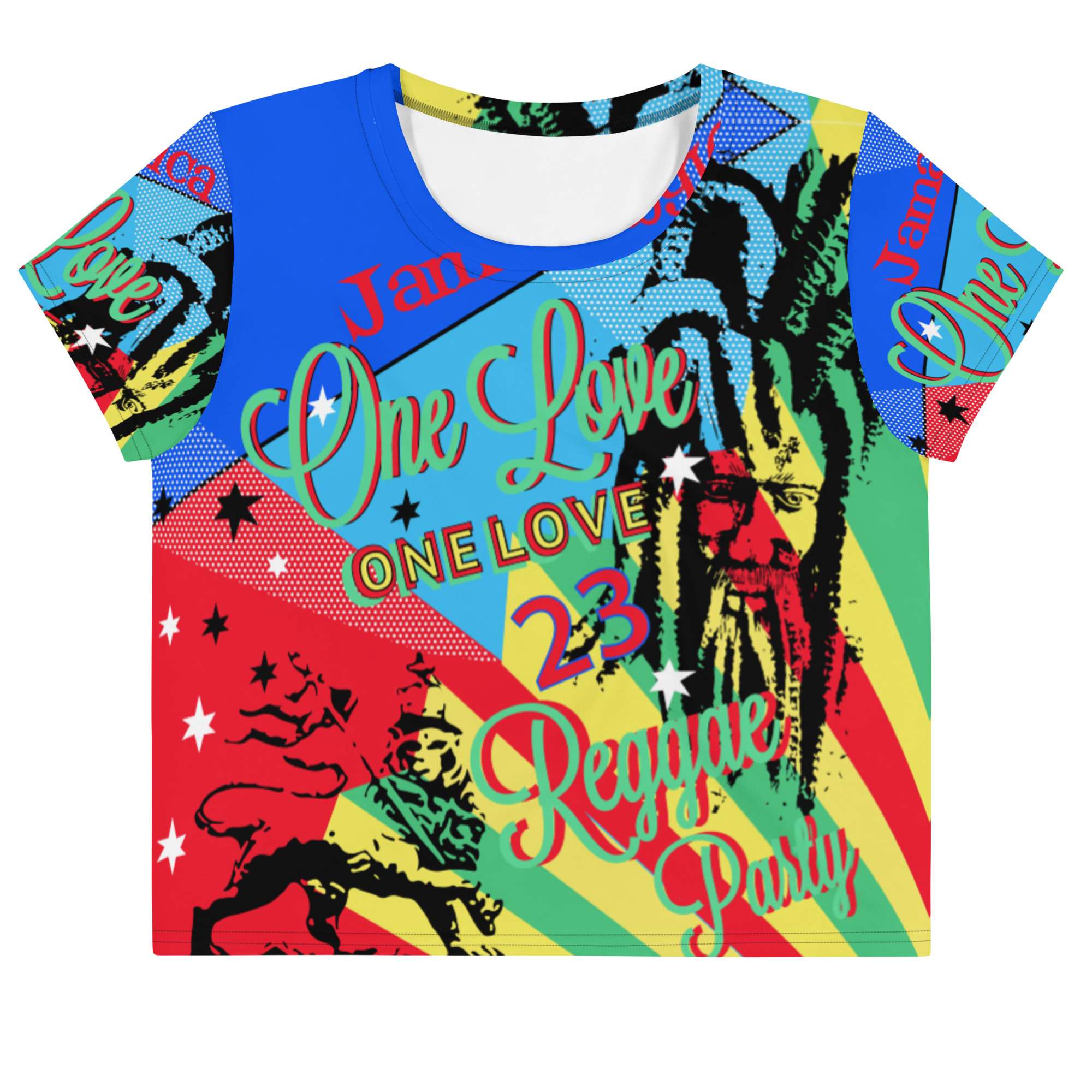 One Love Reggae Party Crop Tee front view in vivid colorful print. Original crop tees, tops, bikinis, swimsuits, skirt, shoes and dresses