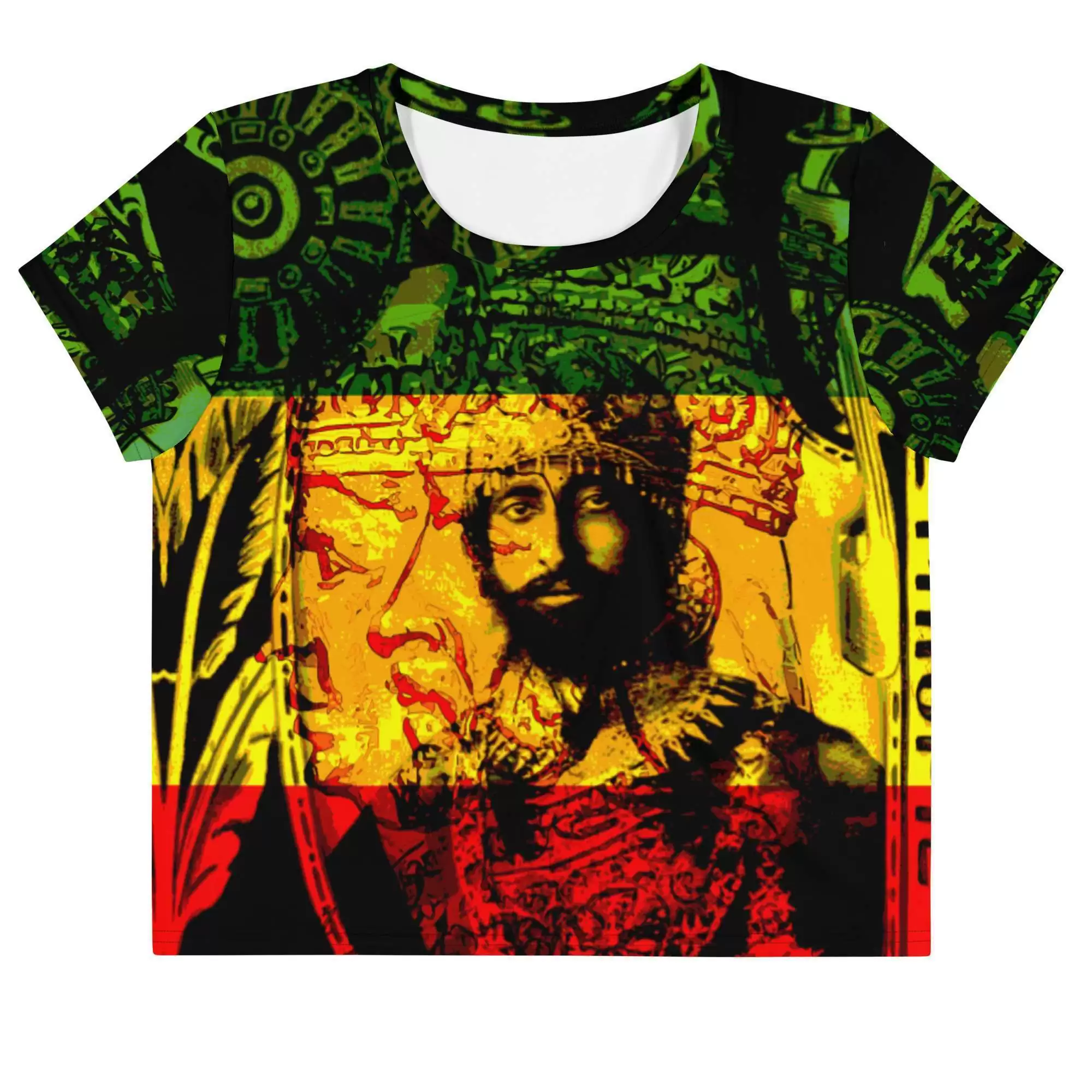 Natural Mystic Haile Selassie Crop Tee front view in Rasta colors. Rastaseed online store. Dresses, tops, skirts, swimwear, shoes and more.