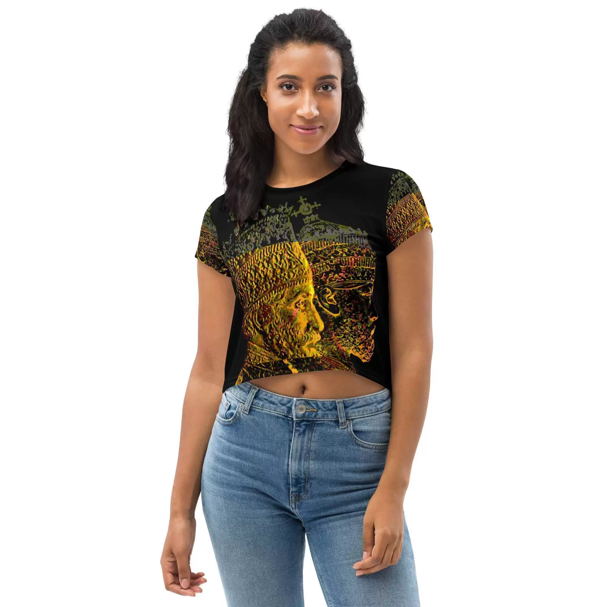 Selassie Menelik Crop Tee in mystical design. Cute top for your next Reggae party. Rastafarian Reggae and Jamaican merchandise.
