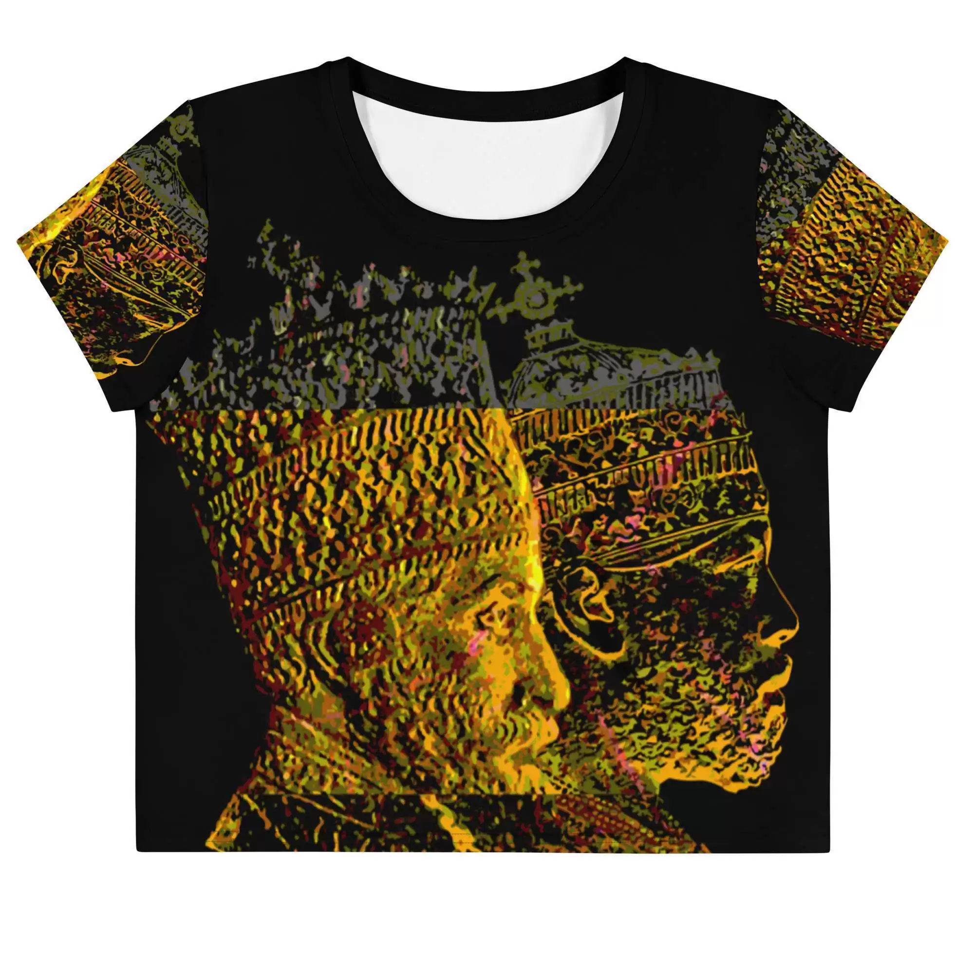 Selassie Menelik Crop Tee front view in mystical design. Cute top for your next Reggae party. Rastafarian Reggae and Jamaican merchandise.