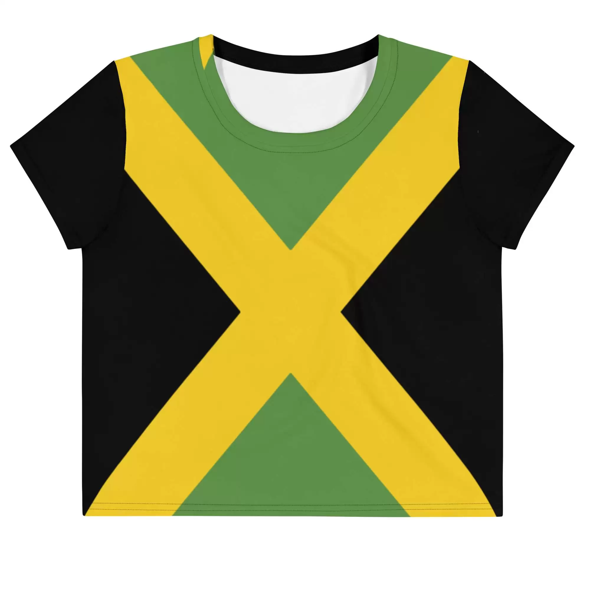 Jamaican Flag Crop Tee front view for Women. Jamaica colors in a funky style. Rasta Jamaican and Reggae gear and accessories online.