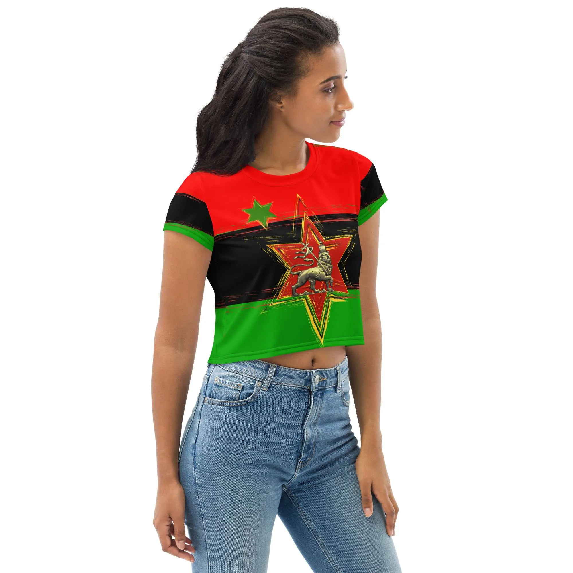 Pan African Crop Tee side right view on model in African American colors. Rastaseed authentic original Rastafarian, Reggae, Afro American and Jamaican Clothing.