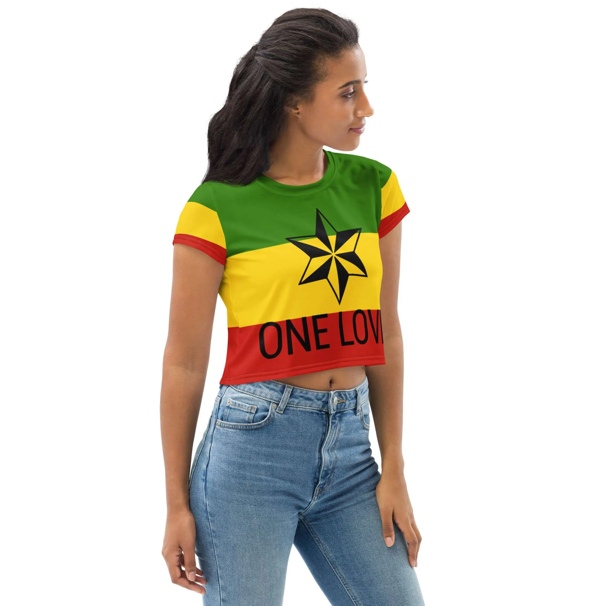 Rasta One Love Crop Tee right side view in red gold and green. Rasta dresses, shirts, t-shirts, swimwear, shoes and accessories in Jamaican and Rasta colors.