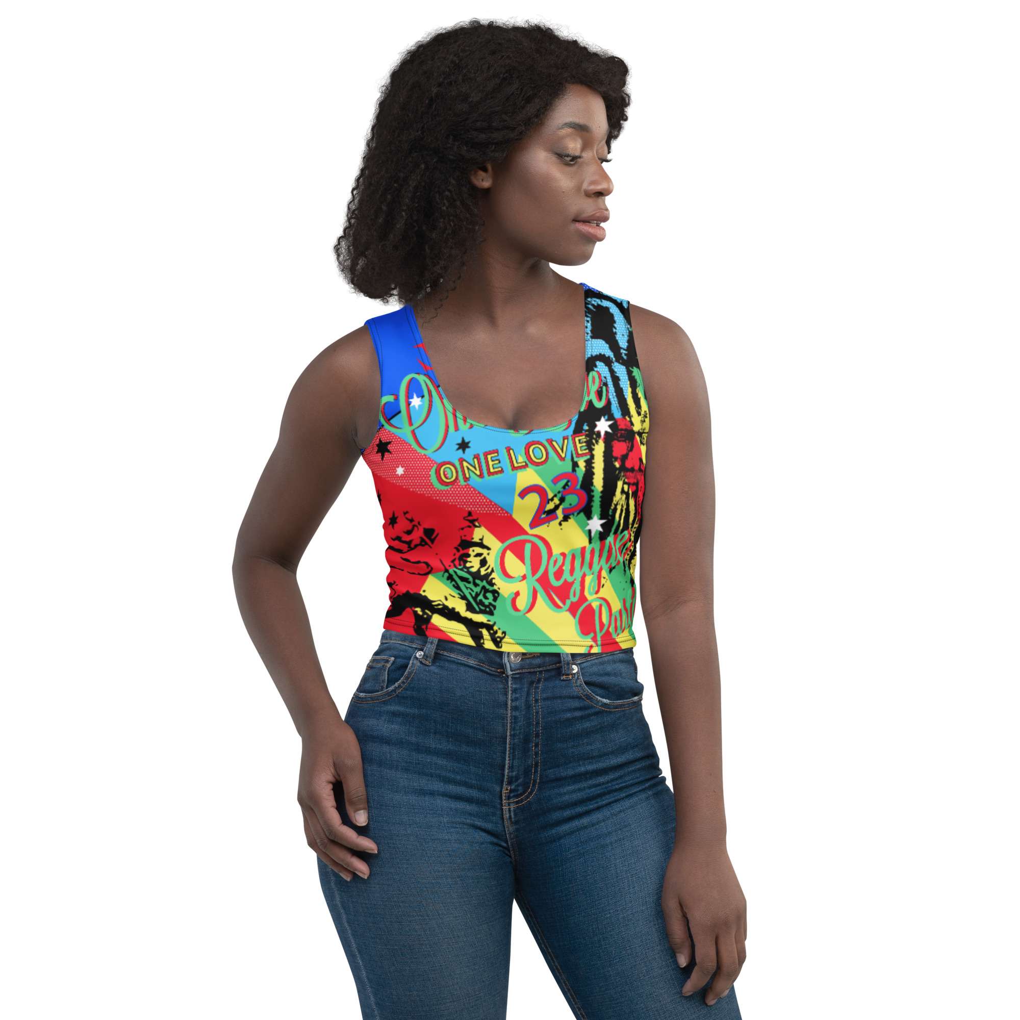 One Love Reggae Rasta Party Crop Top female model front view. Four way stretch comfortable micro fibre fabric in vivid colors and funky graphic design.