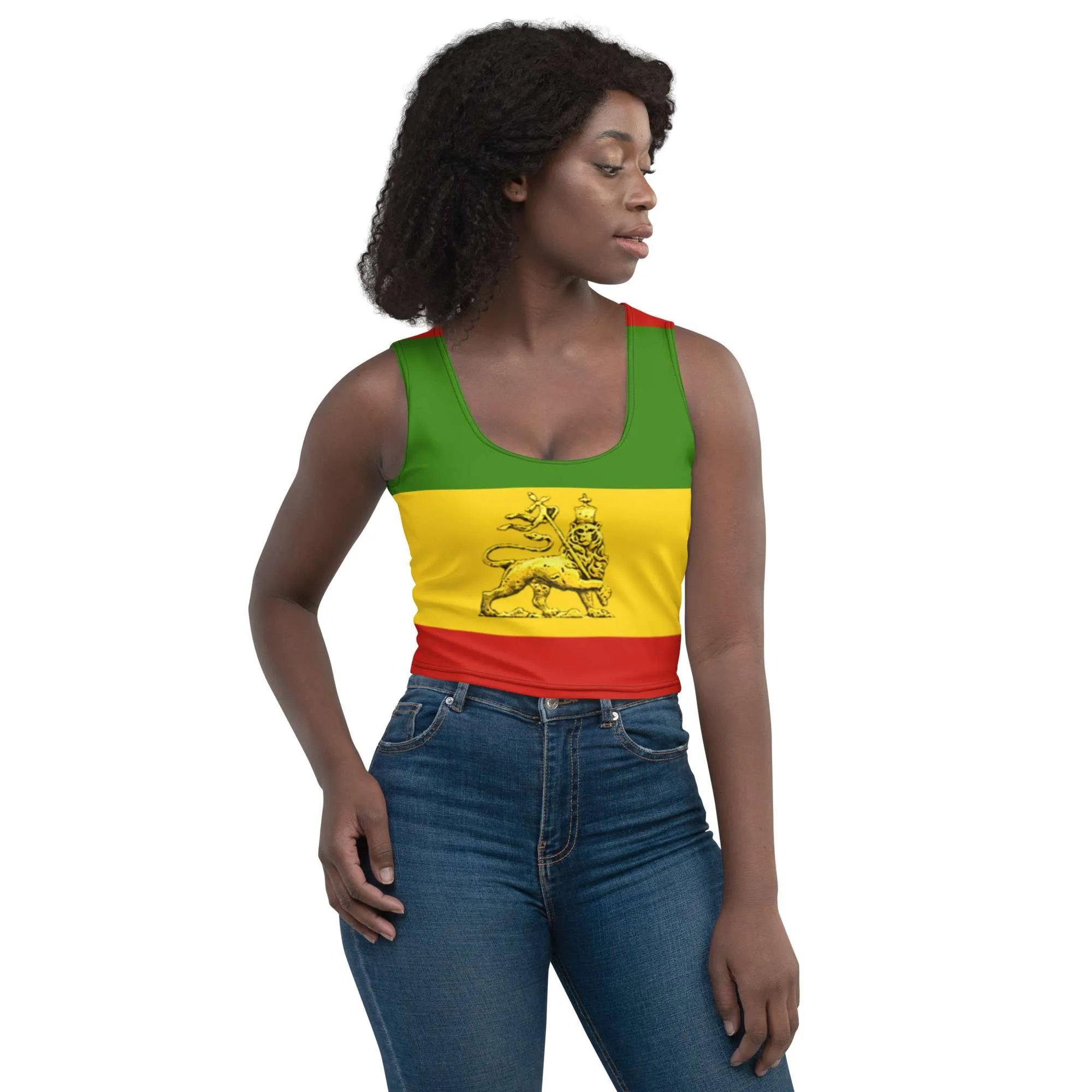 Conquering Lion of Judah Crop Top female model front view in red gold and green four way stretch comfortable microfibre fabric. Rastaseed Rastafarian merchandise.