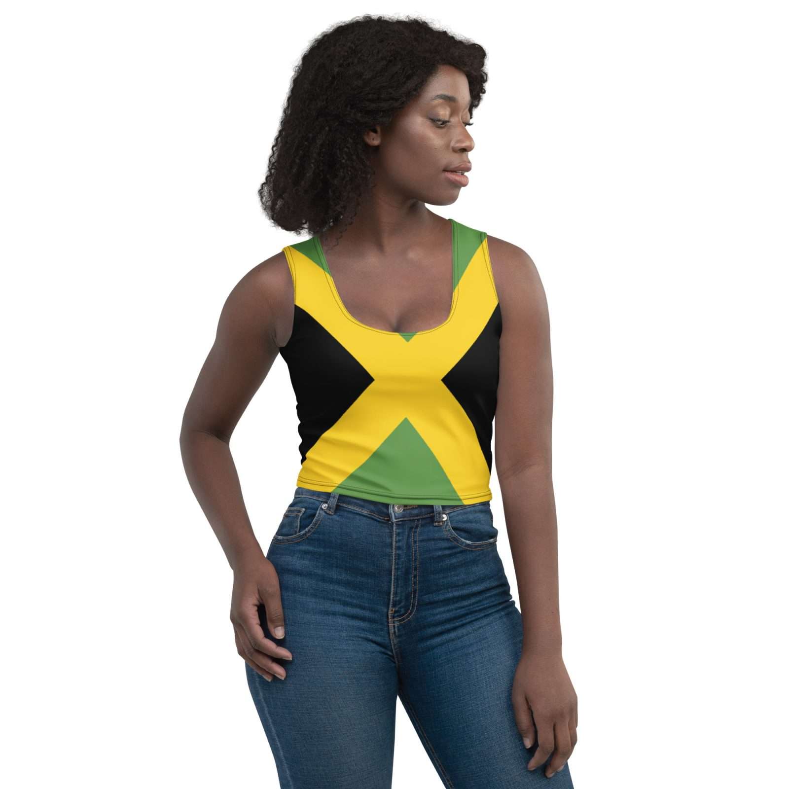 Jamaican Flag Crop Top in four way stretch comfortable microfibre fabric. Rastaseed.com Jamaican clothing merchandise, accessories and shoes.