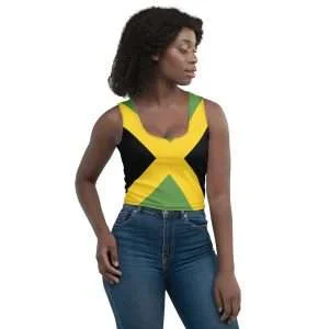 Jamaican Flag Crop Top in four way stretch comfortable microfibre fabric. Rastaseed.com Jamaican clothing merchandise, accessories and shoes.