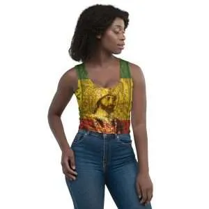 Haile Selassie Crop Top female model front view body hugging four way stretch material. Rasta Jamaican and Reggae merchandise, clothing accessories and shoes.