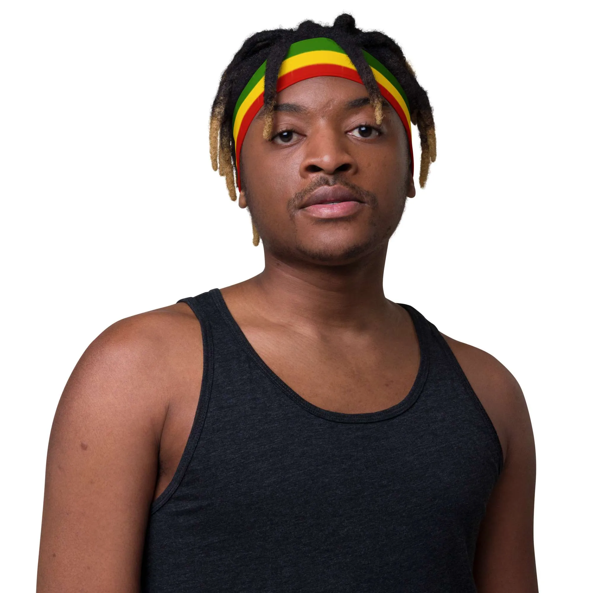 Rasta Headband Feature male front view in the Rastafarian colors made from soft stretch fabric. Make a statement with merchandise from Rastaseed.com