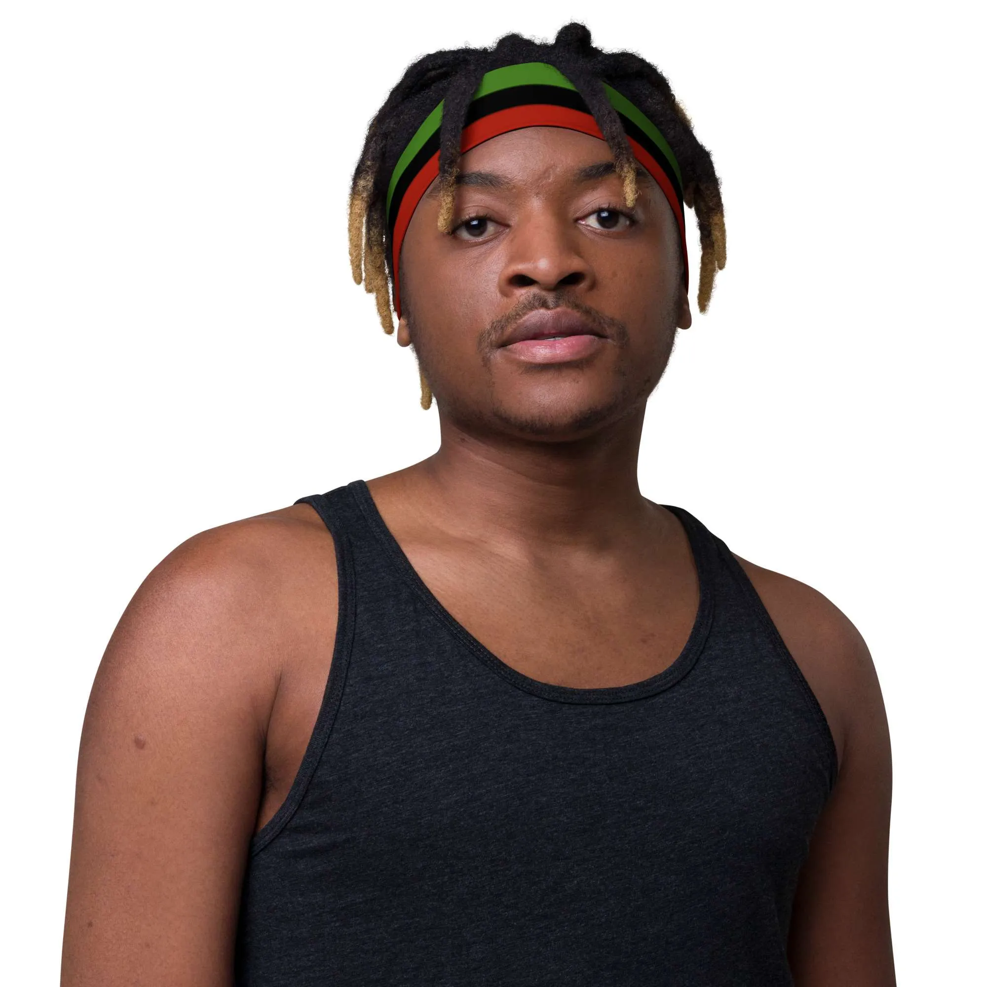 Marcus Garvey Pan African Headband front male view feature in stretchy comfortable fabric. Make a statement with Rastaseed online clothing and merchandise.