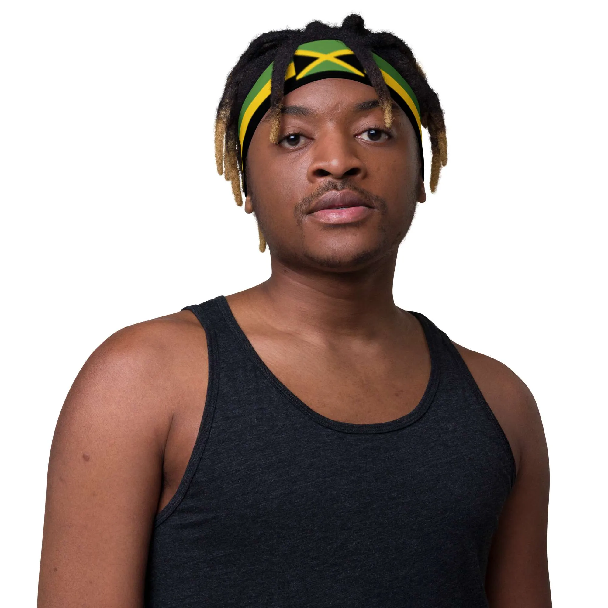 Jamaica Headband front view male in soft stretchy fabric that is comfortable to wear. Jamaica flag and colors at Rastaseed online Jamaican merchandise.
