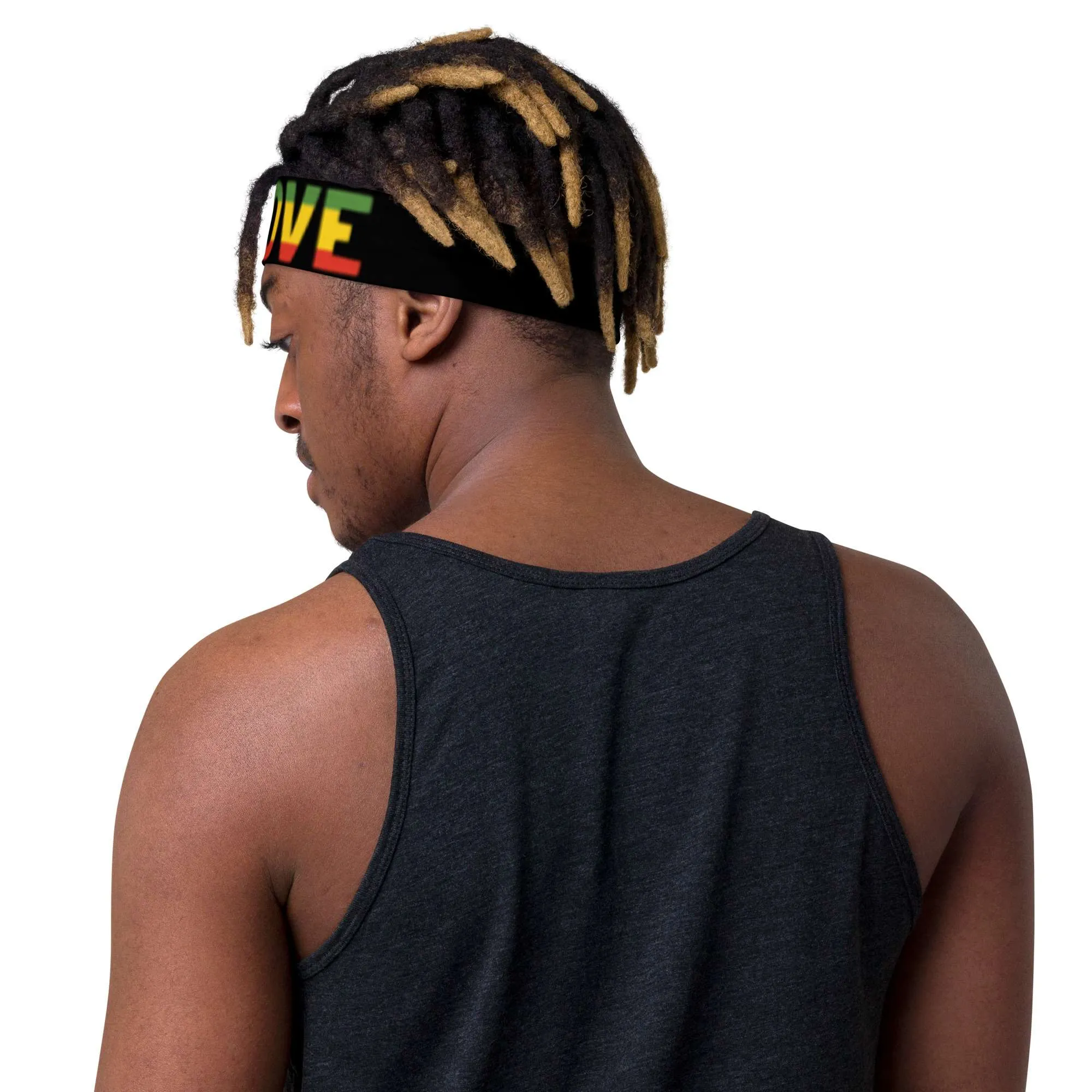 One Love Headband male left back view in soft stretch fabric for comfy fit. Make a statement with merchandise from Rastaseed online clothing store.