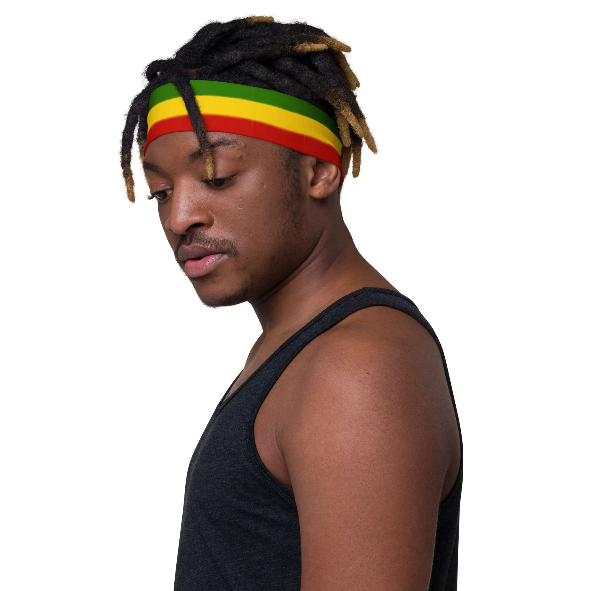 Rasta Headband male right side view in the Rastafarian colors made from soft stretch fabric. Make a statement with merchandise from Rastaseed.com