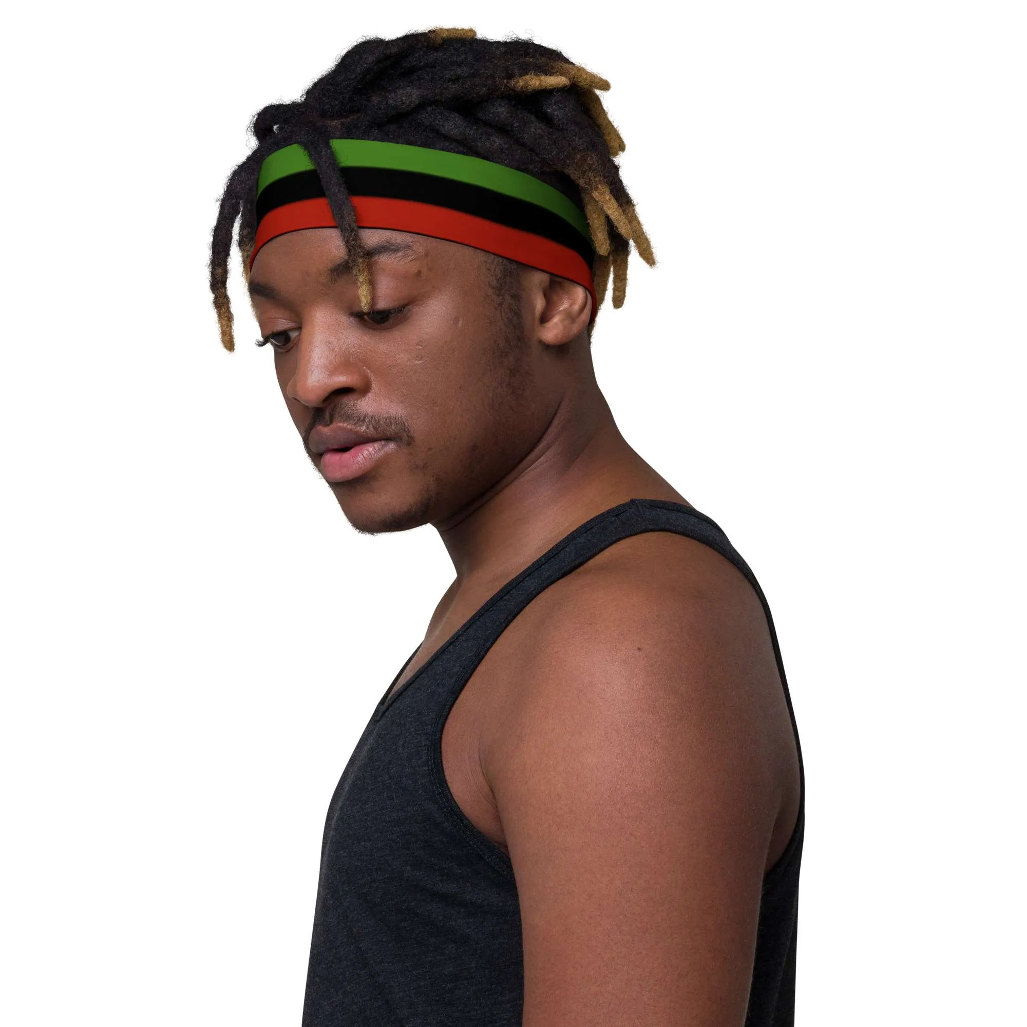 Marcus Garvey Pan African Headband front left male view in stretchy comfortable fabric. Make a statement with Rastaseed online clothing and merchandise.
