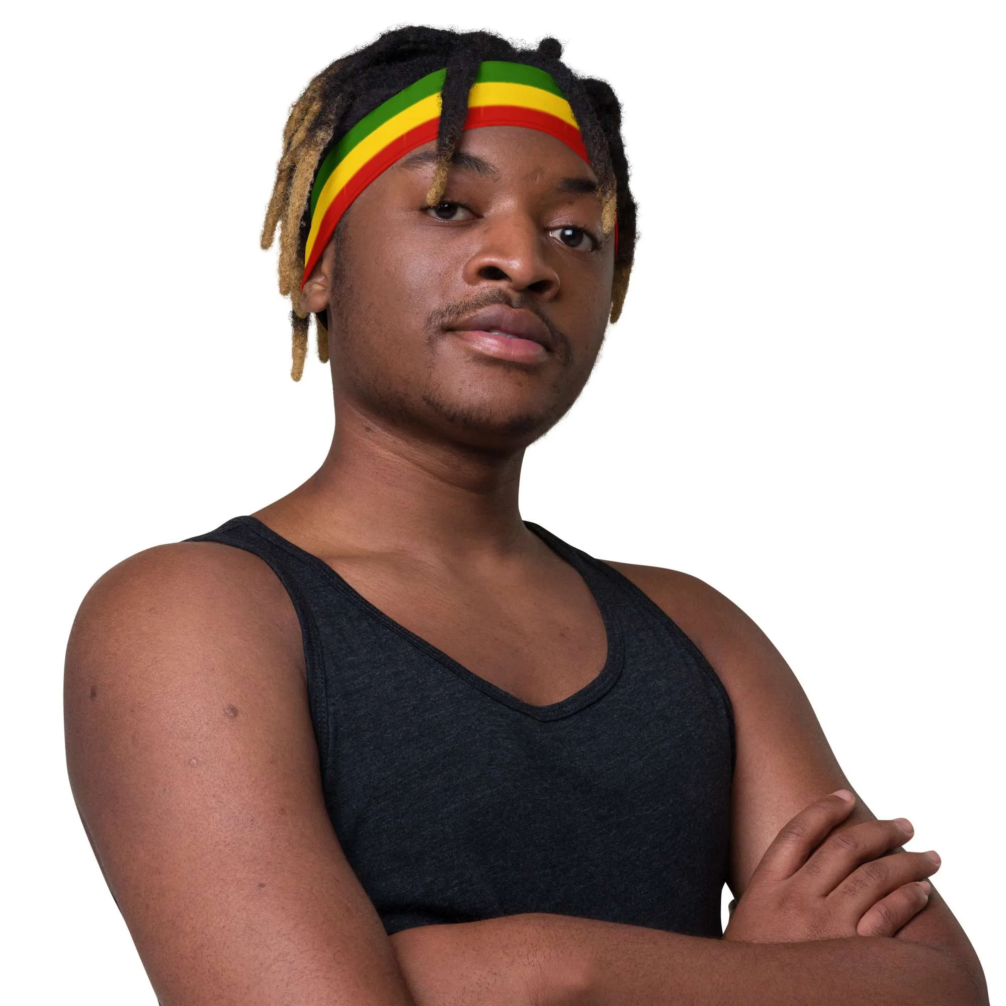 Rasta Headband male left side view in the Rastafarian colors made from soft stretch fabric. Make a statement with merchandise from Rastaseed.com