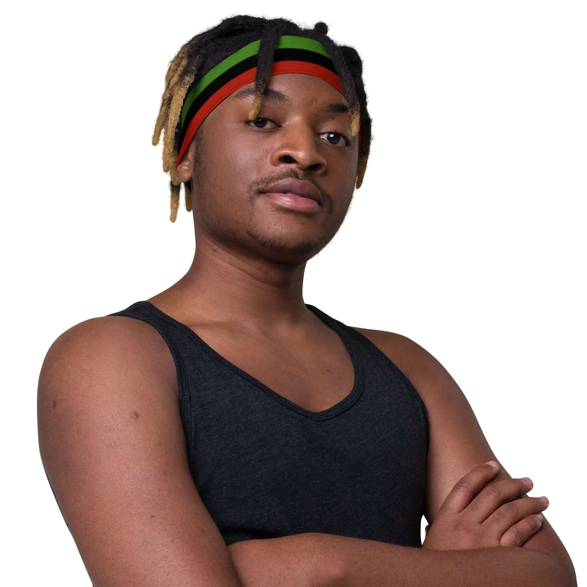 Marcus Garvey Pan African Headband front male view in stretchy comfortable fabric. Make a statement with Rastaseed online clothing and merchandise.