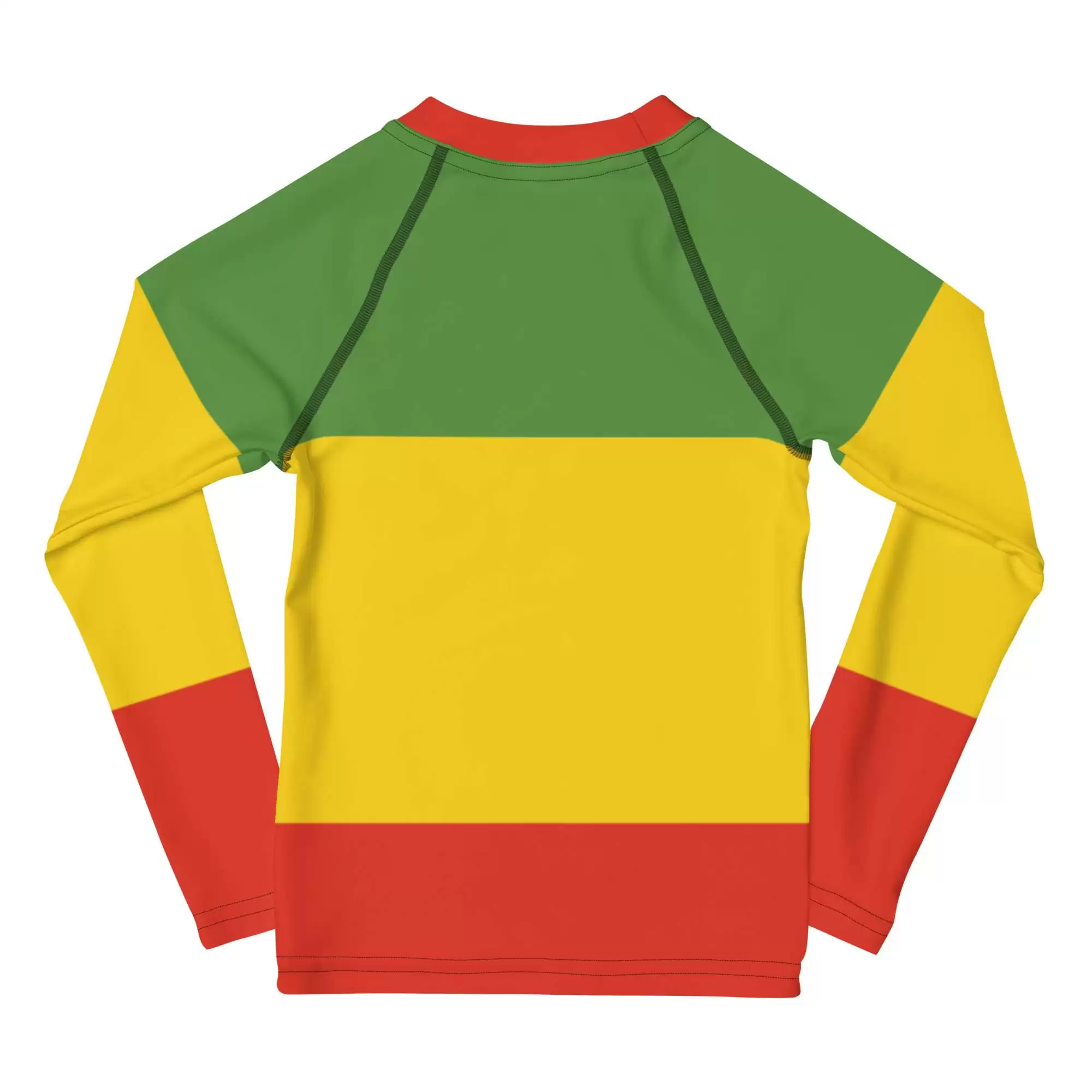 Rasta Kids Rash Guard back view in red gold and green. Protect the kids from sun and let them surf all day with this fun rashie. Available at Rastaseed online shop.
