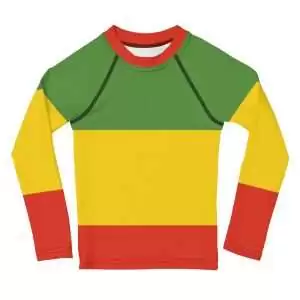 Rasta Kids Rash Guard in red gold and green. Protect the kids from sun and let them surf all day with this fun rashie. Available at Rastaseed online shop.