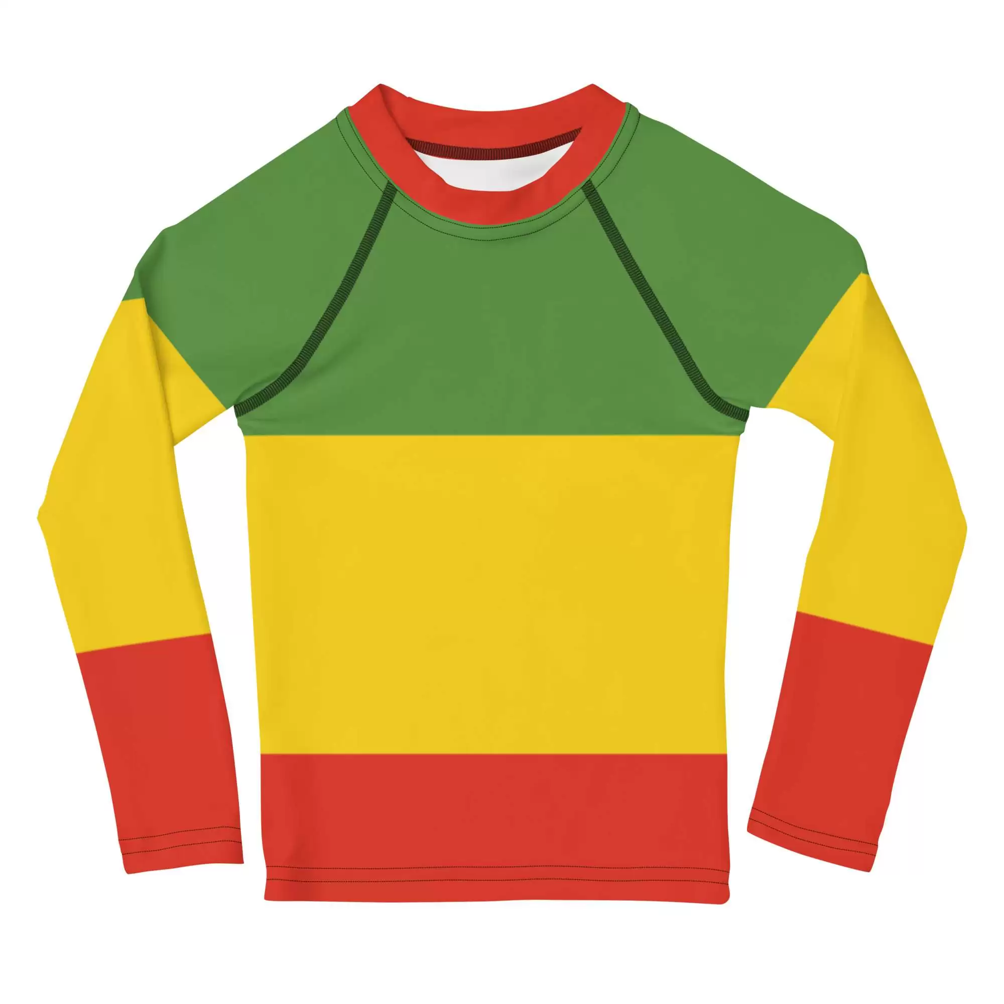 Rasta Kids Rash Guard in red gold and green. Protect the kids from sun and let them surf all day with this fun rashie. Available at Rastaseed online shop.