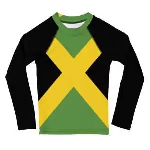 Jamaican Kids Rash Guard front view in the Jamaica flag colors with black sleeves. Great for the beach or holiday to protect kids from the sun.