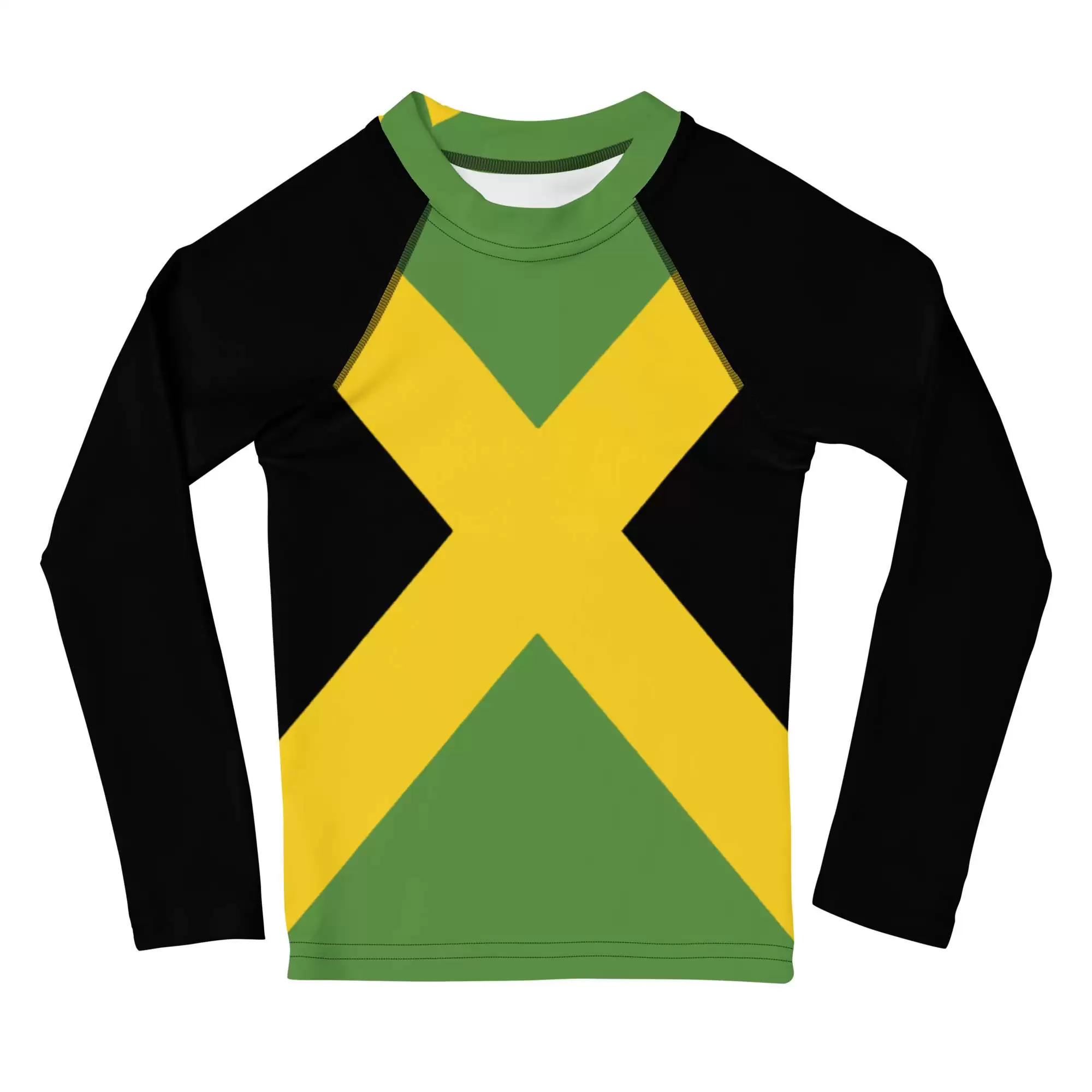 Jamaican Kids Rash Guard front view in the Jamaica flag colors with black sleeves. Great for the beach or holiday to protect kids from the sun.