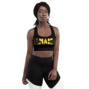 Jamaican Longline sports bra in compression fabric with sports mesh lining. Double layered front and shoulder straps for exercising.