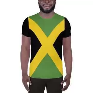 Jamaican Flag Men's Athletic T-shirt front view in the Jamaica colors. Rastafarian Jamaican and Reggae clothing and accessories shop.