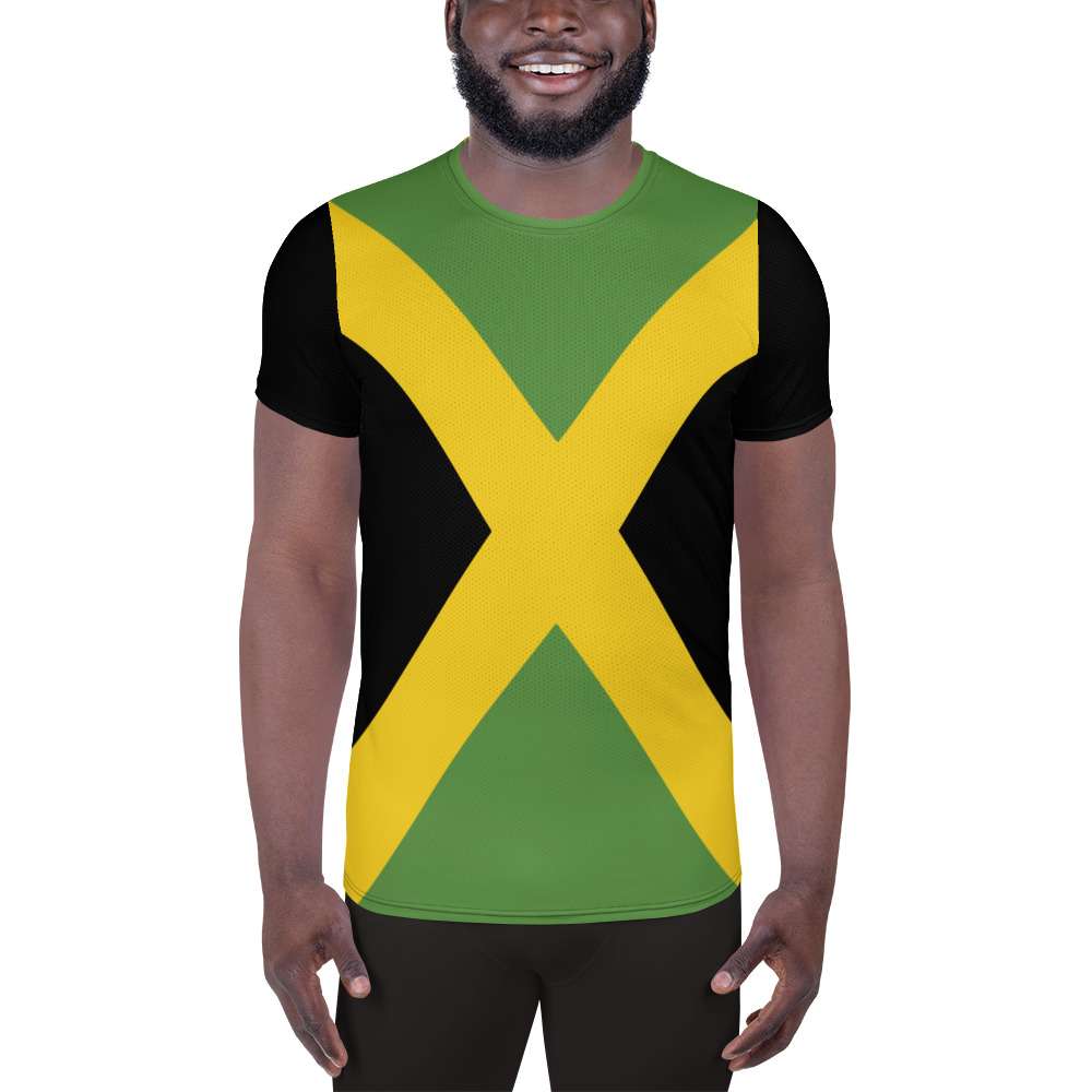 Jamaican Flag Men's Athletic T-shirt front view in the Jamaica colors. Rastafarian Jamaican and Reggae clothing and accessories shop.