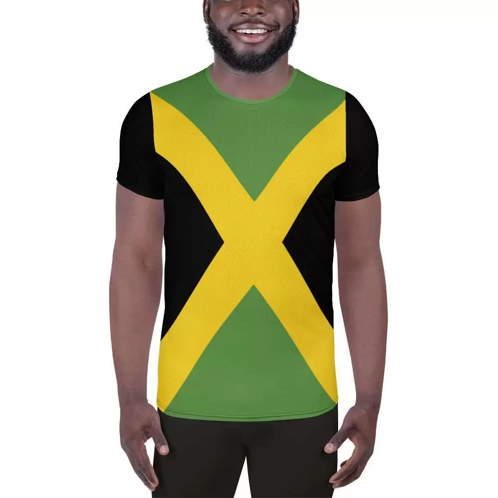 Jamaican Flag Men's Athletic T-shirt front view in the Jamaica colors. Rastafarian Jamaican and Reggae clothing and accessories shop.