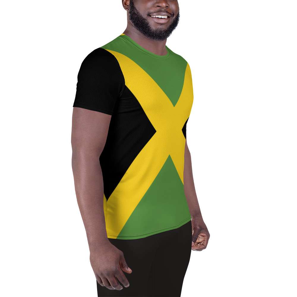 Jamaican Flag Men's Athletic T-shirt left side view in the Jamaica colors. Rastafarian Jamaican and Reggae clothing and accessories shop.
